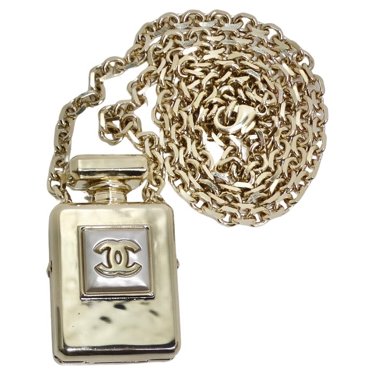 Chanel CC Gold Tone Perfume Bottle Locket Necklace For Sale at