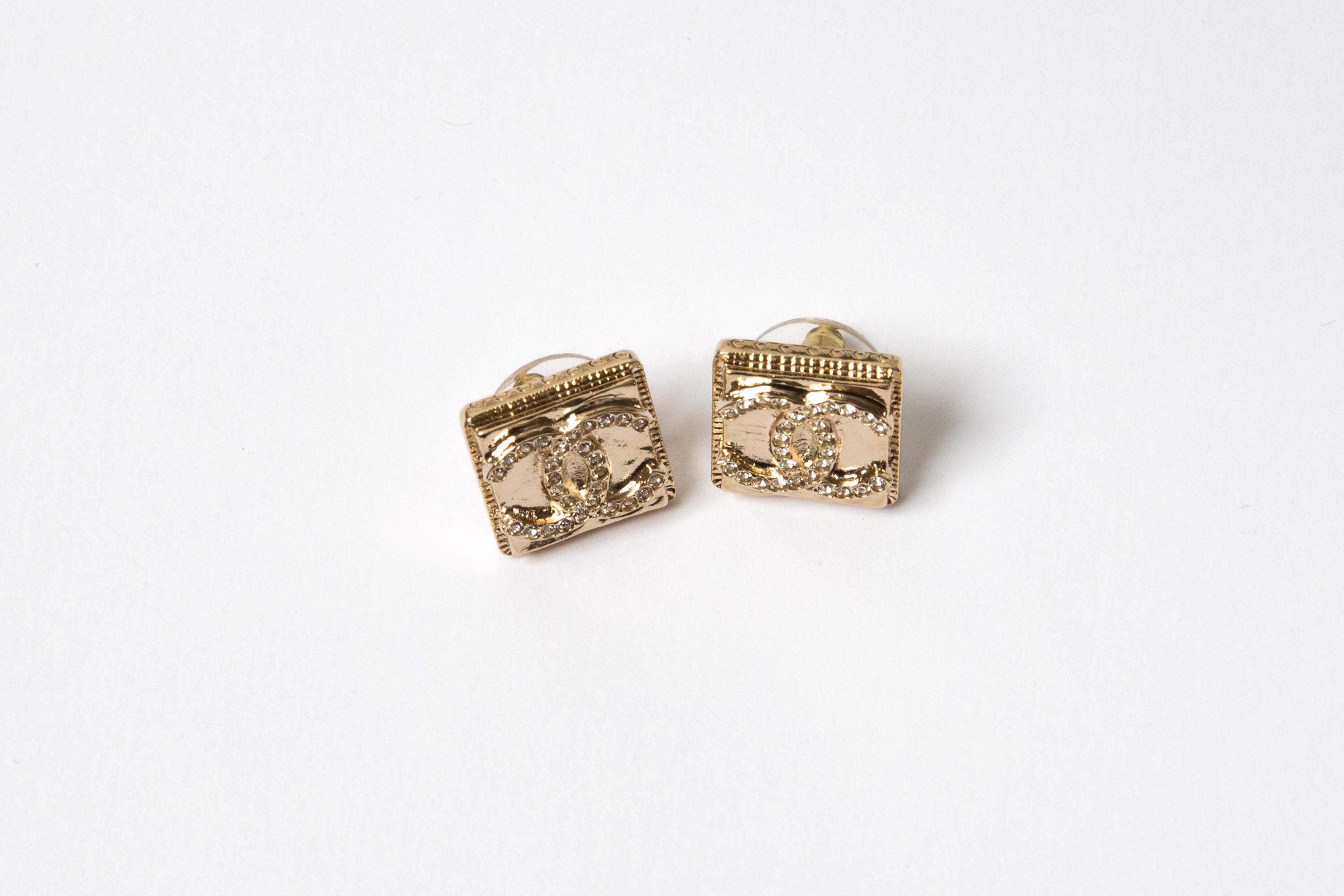 Chanel CC Gold Tone Square Earrings For Sale 2