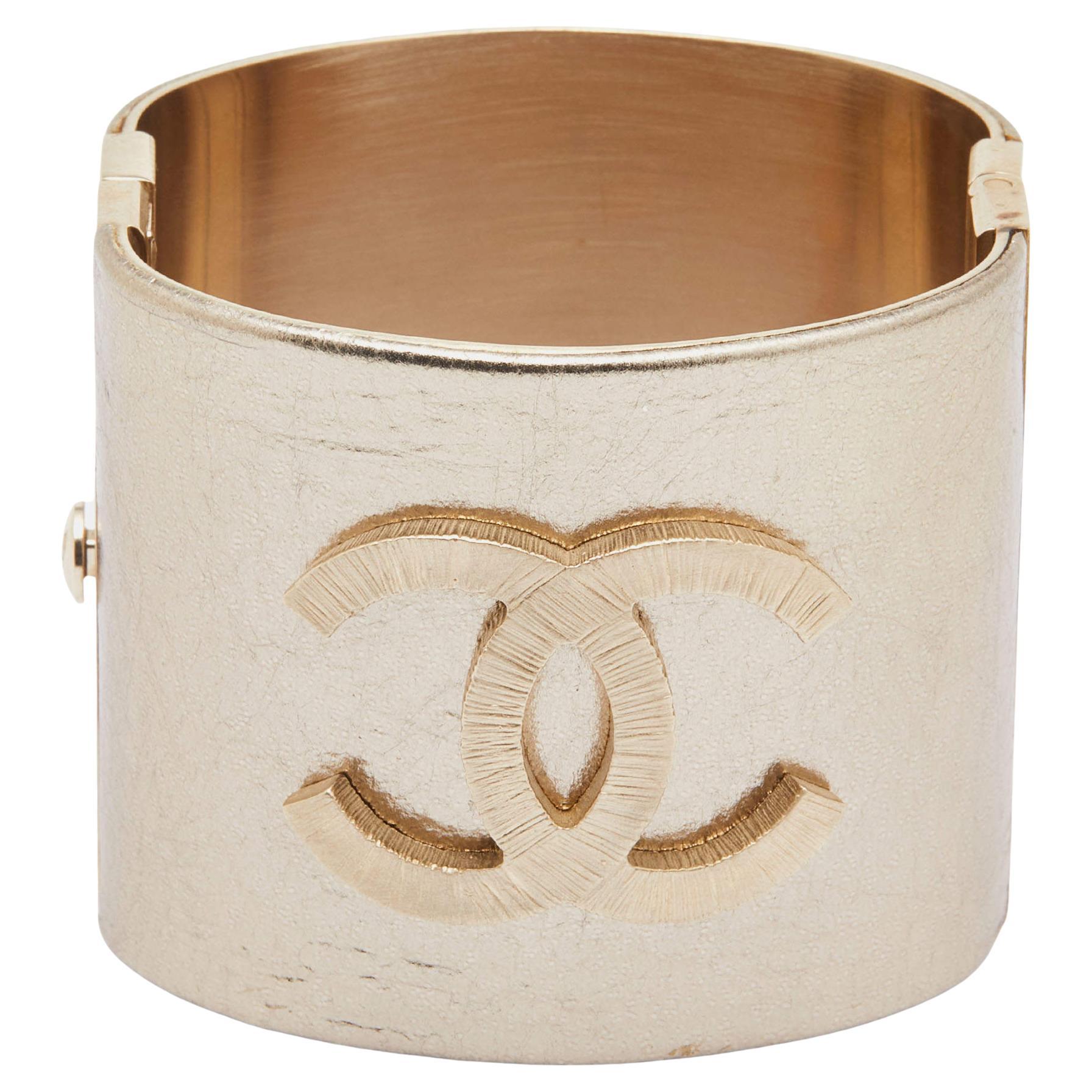 Chanel CC Gold Tone Wide Cuff Bracelet For Sale at 1stDibs