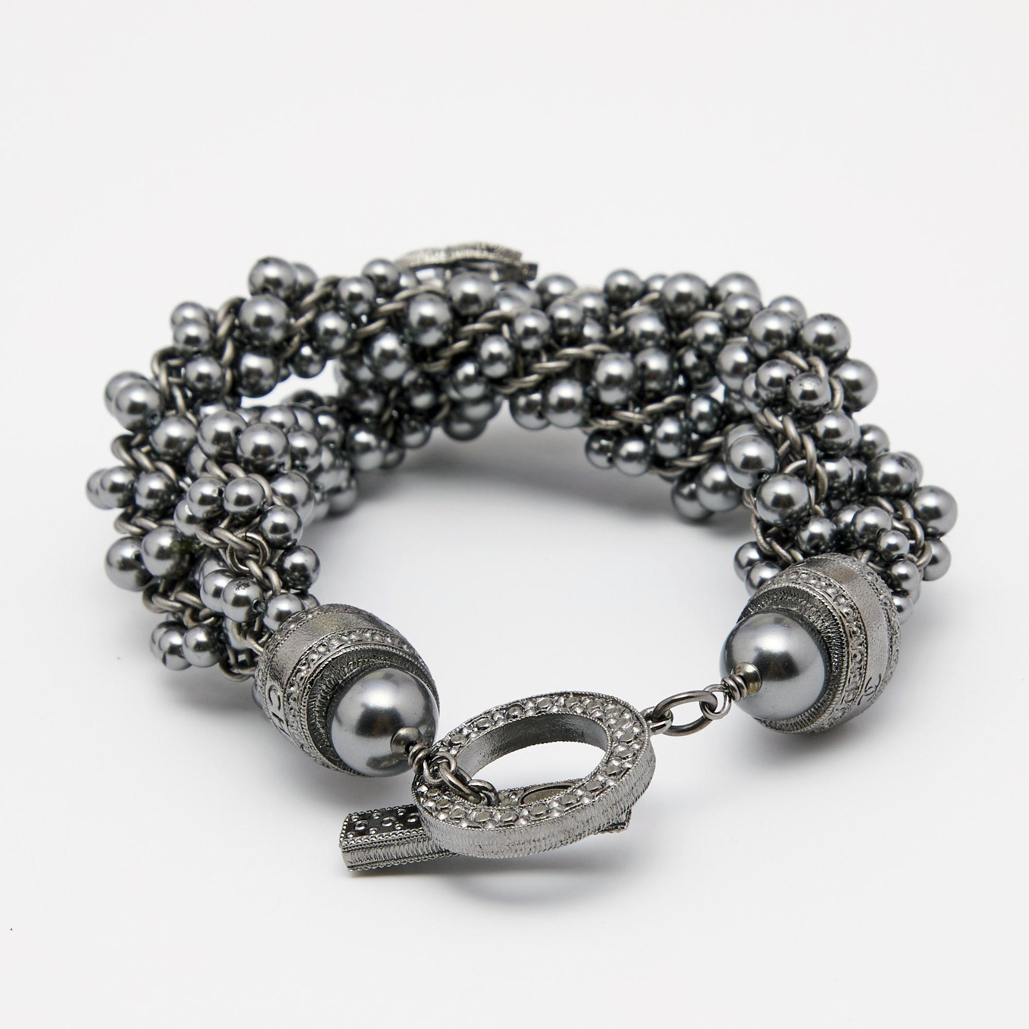 Contemporary Chanel CC Grey Faux Pearls Gunmetal Tone Bracelet