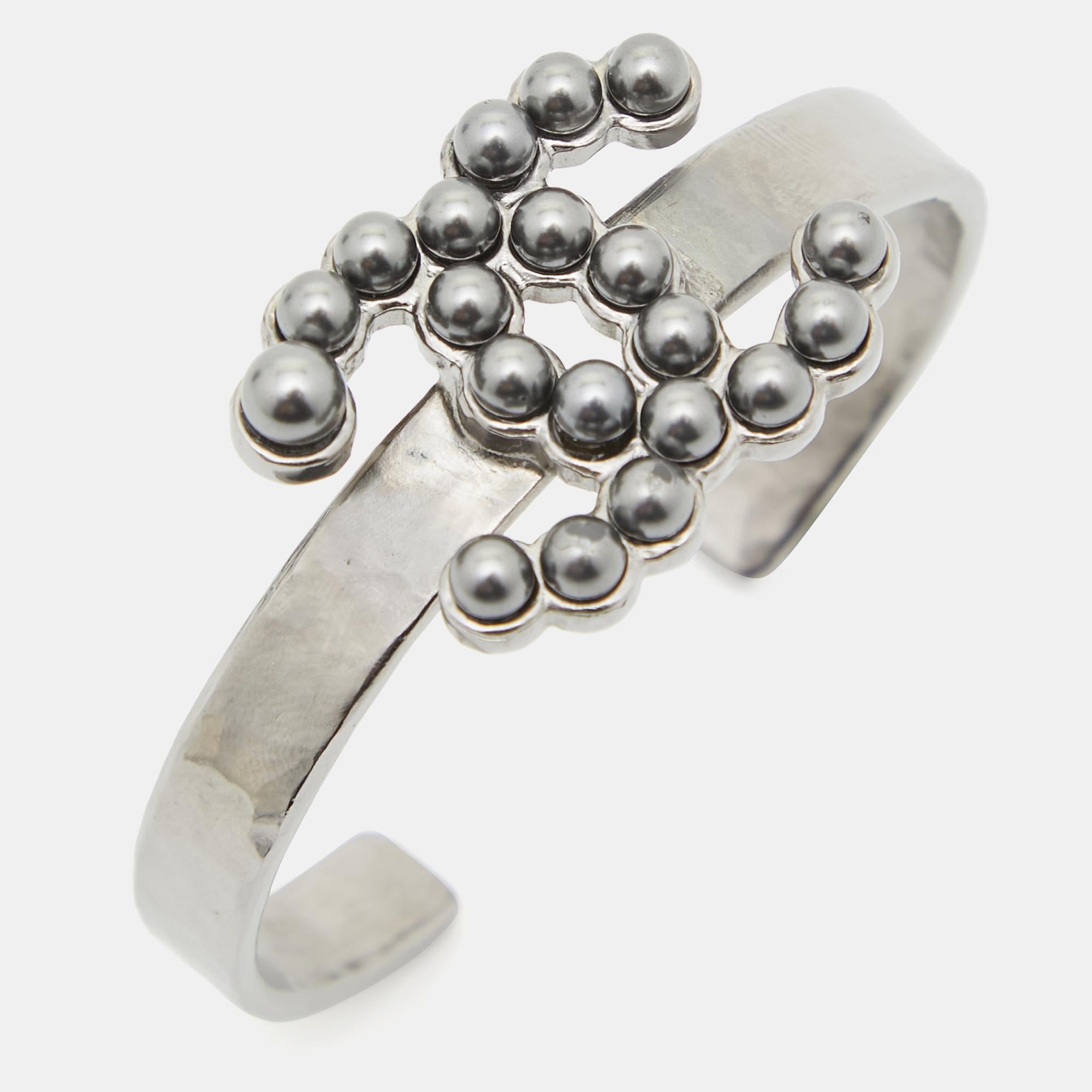 Uncut Chanel CC Grey Faux Pearls Gunmetal Tone Bracelet