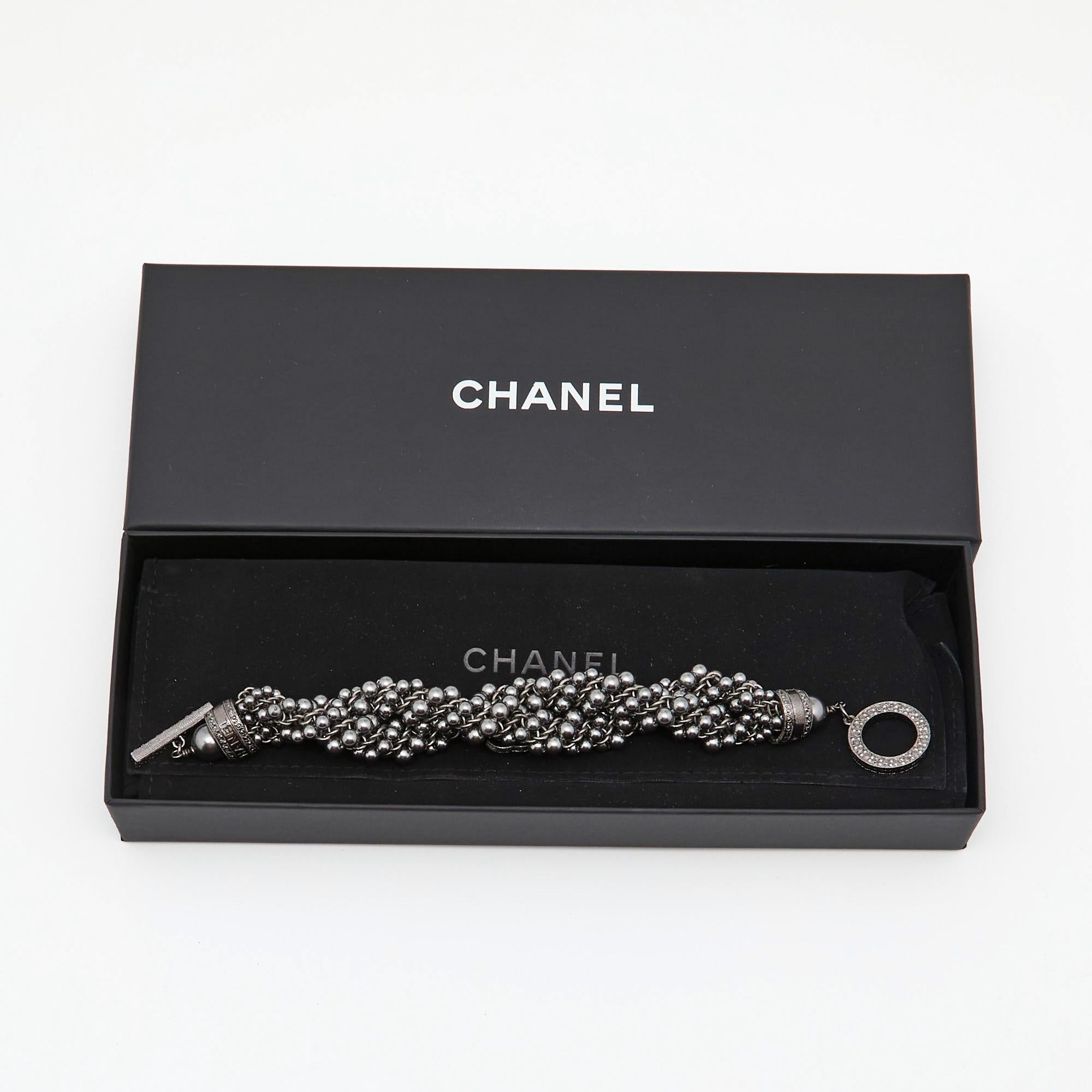 Women's Chanel CC Grey Faux Pearls Gunmetal Tone Bracelet