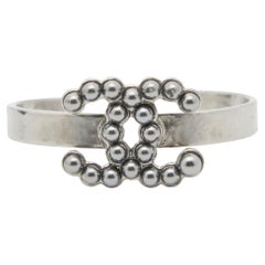 Used Chanel CC Grey Faux Pearls Gunmetal Tone Bracelet