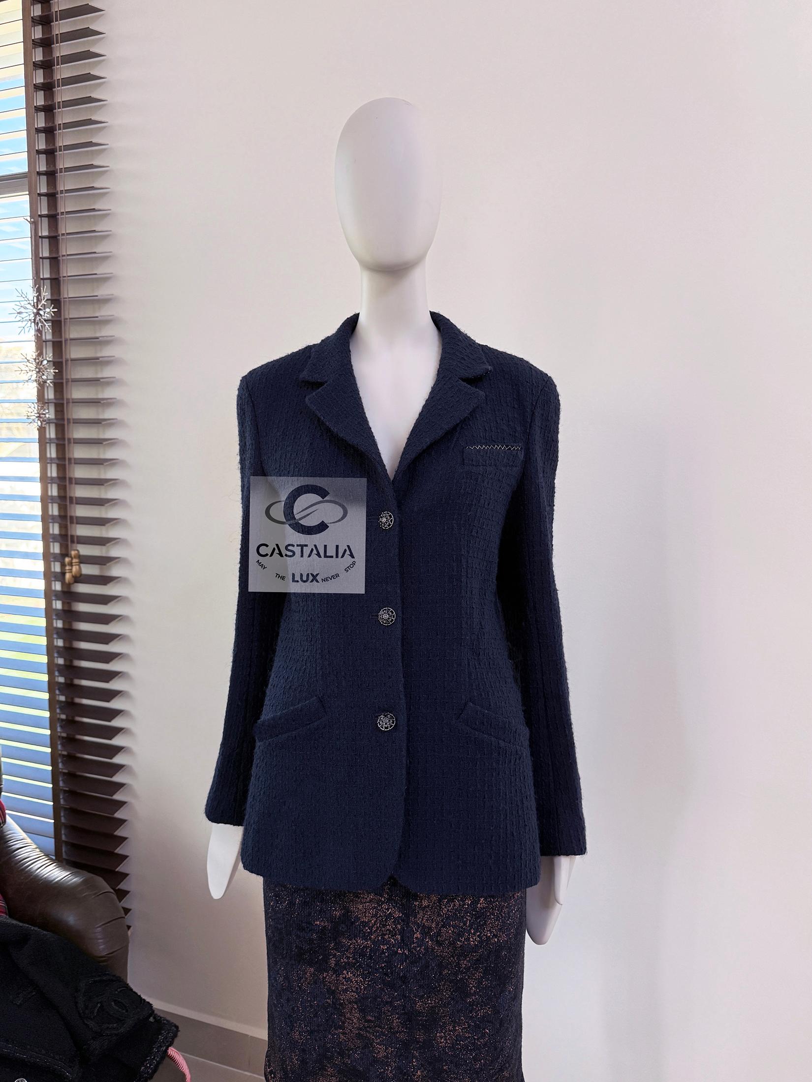 Black Chanel CC Gripoix Buttons Navy Tweed Jacket 38 FR
