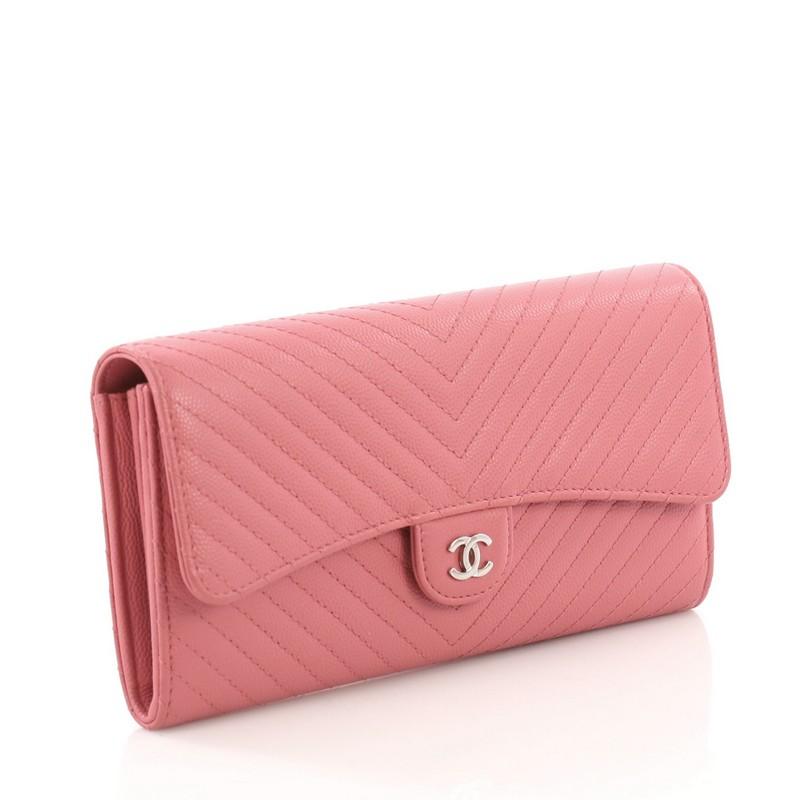 Pink Chanel CC Gusset Classic Flap Wallet Chevron Caviar Long