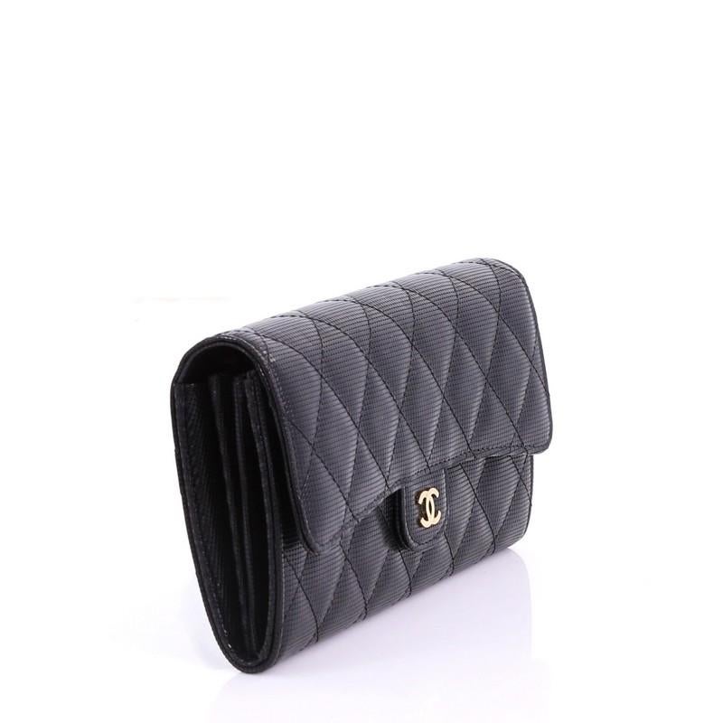Black Chanel CC Gusset Classic Flap Wallet Pixel Effect Quilted Calfskin Long