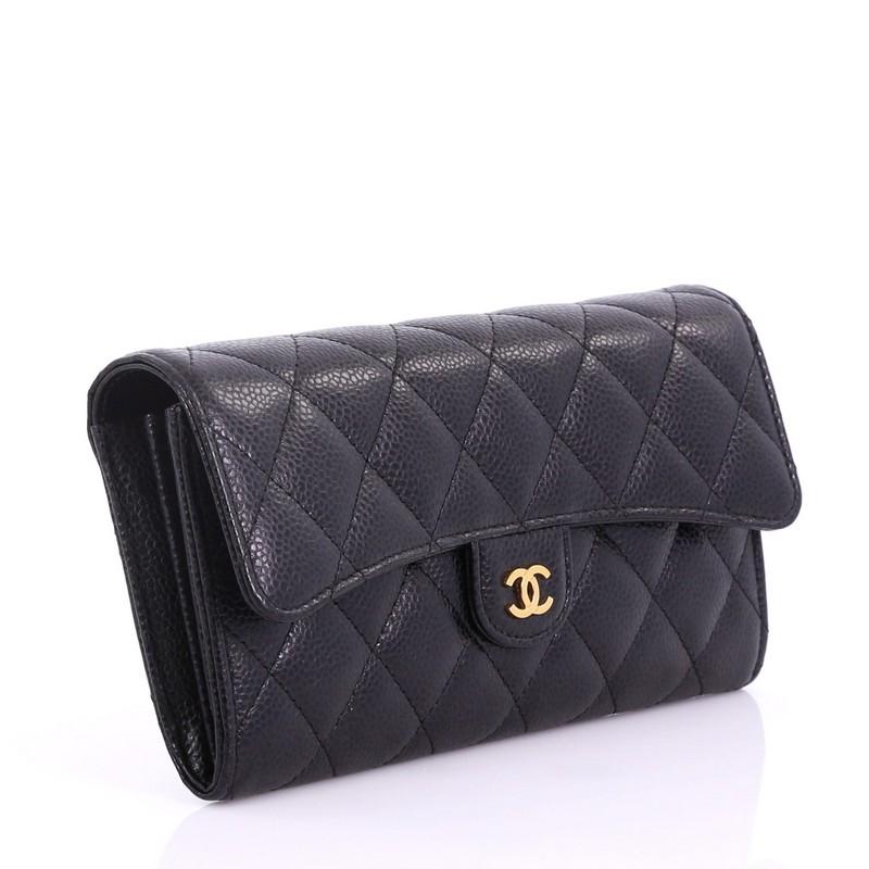 Black Chanel CC Gusset Classic Flap Wallet Quilted Caviar Long