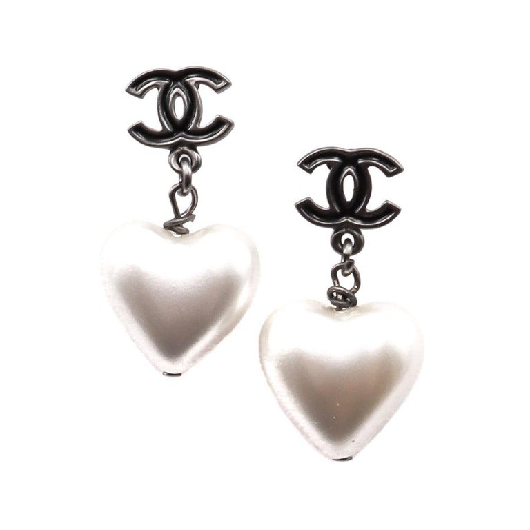 CHANEL CC Hanging Heart Stud Earrings For Sale at 1stDibs