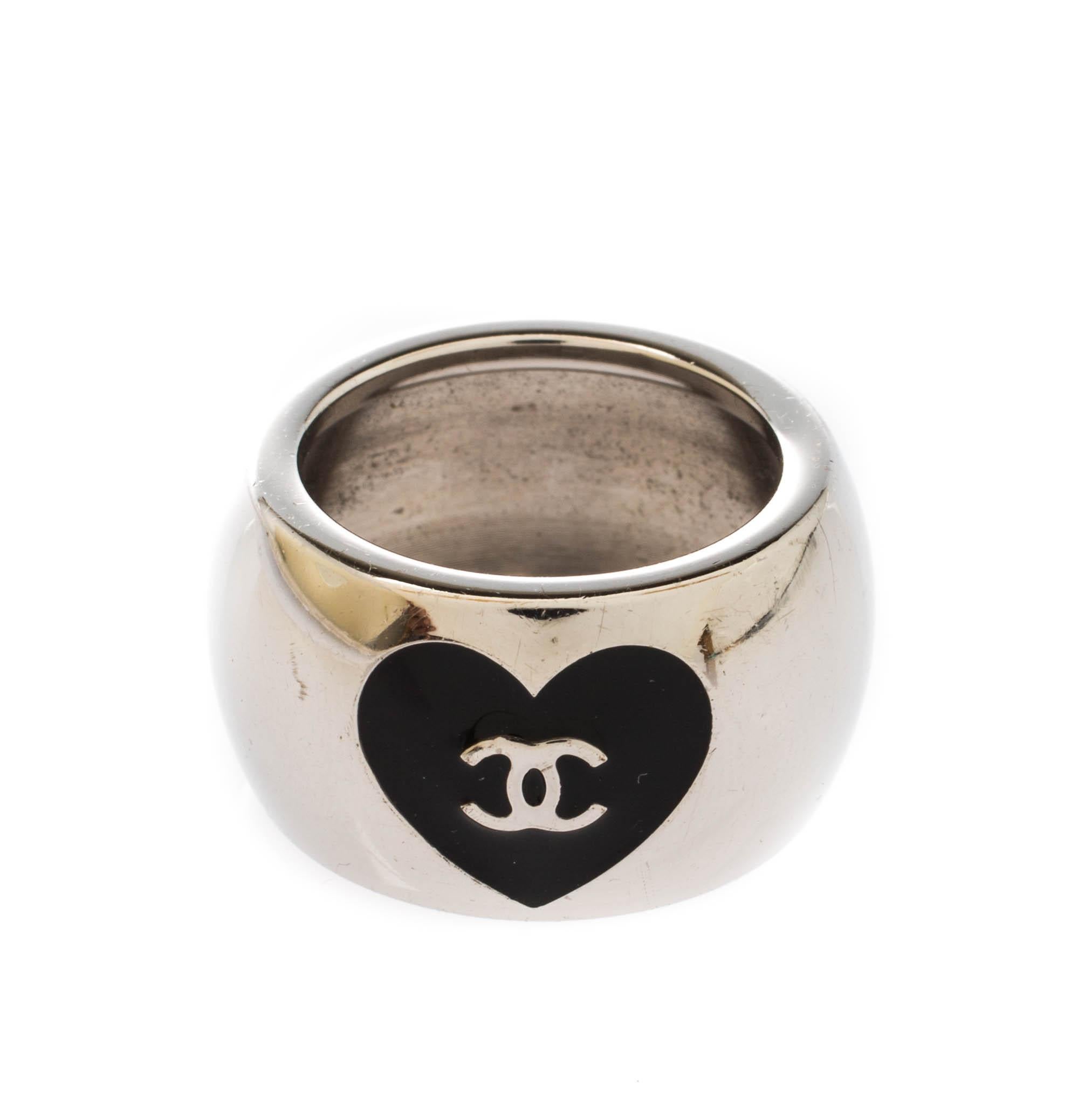 Chanel CC Heart Black Resin Silver Tone Wide Band Ring Size 55 1