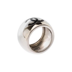 Chanel CC Heart Black Resin Silver Tone Wide Band Ring Size 55