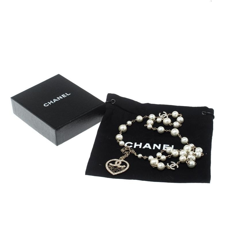 Women's Chanel CC Heart Faux Pearl & Crystal Gold Tone Necklace