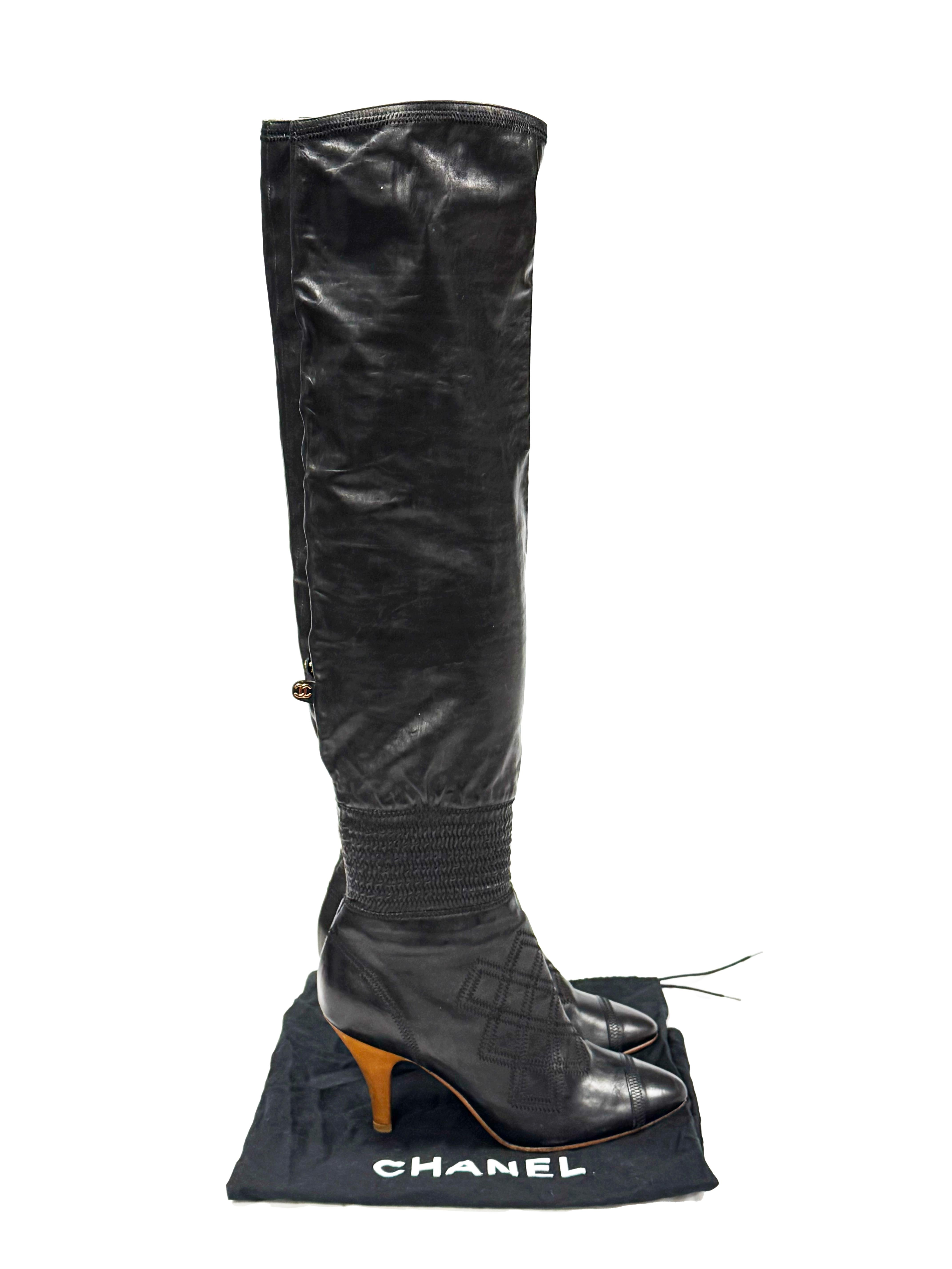 Chanel CC Leather Size EU 40- US 8

This style  runs a full size small
Color: Black
Material: Leather Calfskin 
Chanel Calfskin Over-The-Knee Boots
Black
Interlocking CC Logo & Quilted Pattern
Semi-Pointed Toes
This style typically runs a full size