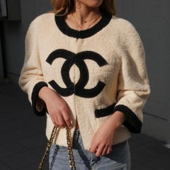 CHANEL CC Ivory Black Logo Boucle Cotton Evening Cardigan Sweater Jacket