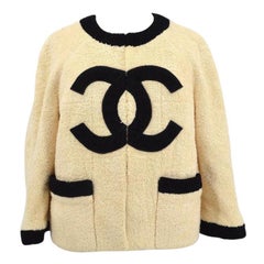 CHANEL CC Ivory Black Logo Boucle Cotton Evening Cardigan Sweater Jacket