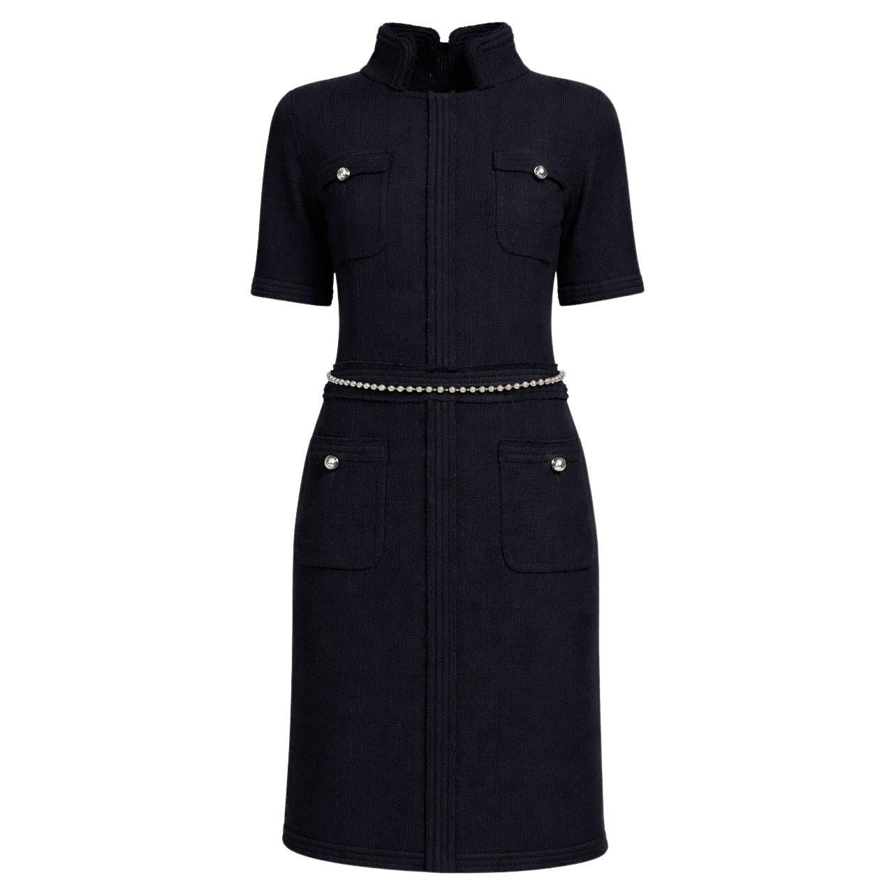 CHANEL CC Jewel Pearl Belt Black Tweed Dress 38 FR For Sale