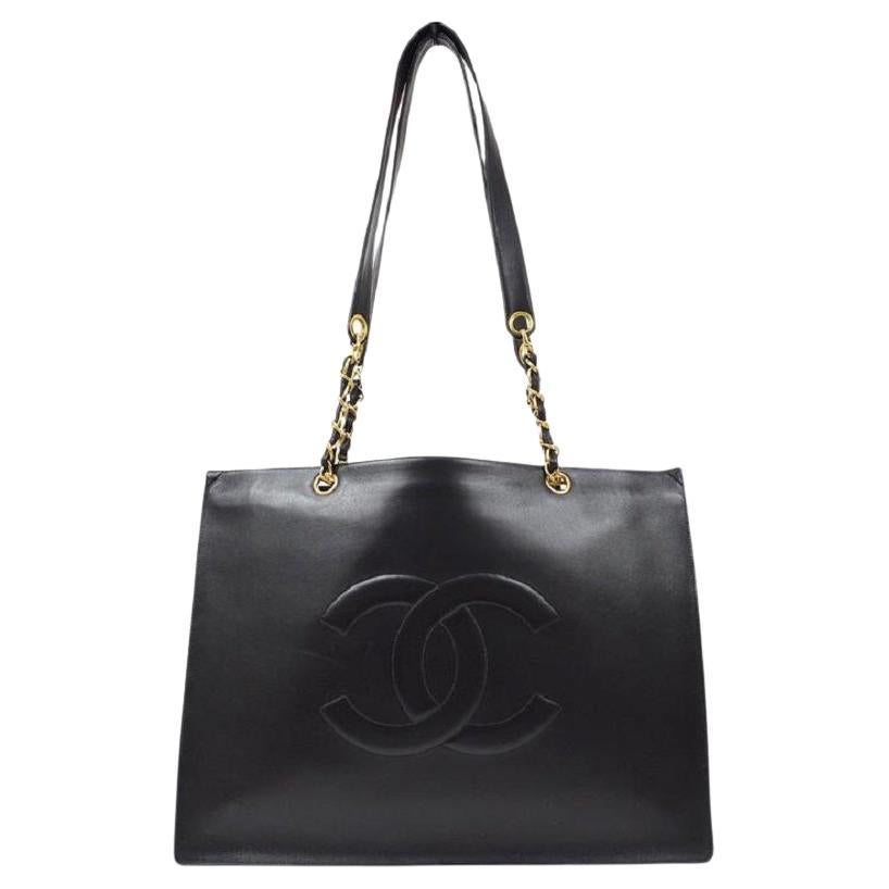CHANEL CC Jumbo Black Lambskin Leather Gold Shopper Travel Shoulder Tote Bag