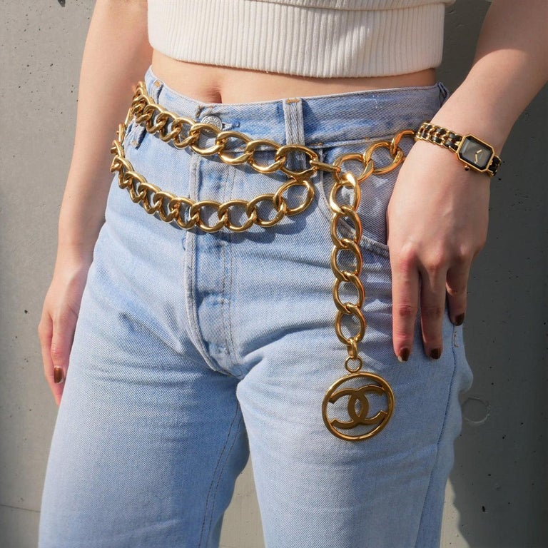 CHANEL CC Large Double Loop Gold Tone Metal Chain Link Waist Belt For Sale  at 1stDibs