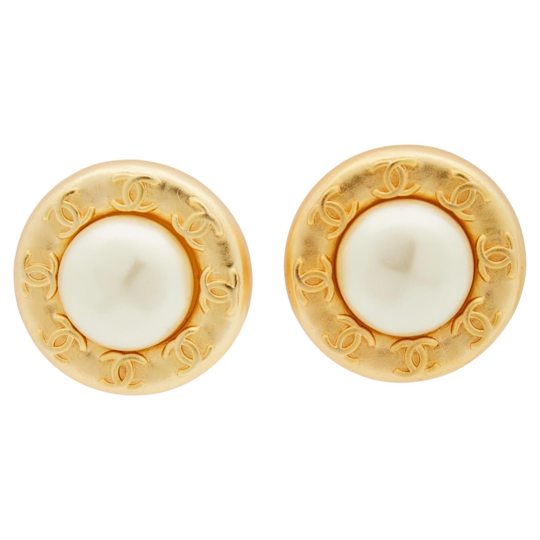 Chanel CC Large Faux Pearl Gold Round Clip Earrings