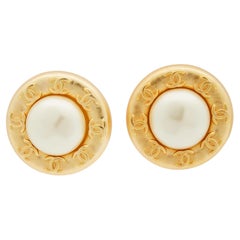 Antique Chanel CC Large Faux Pearl Gold Round Clip Earrings