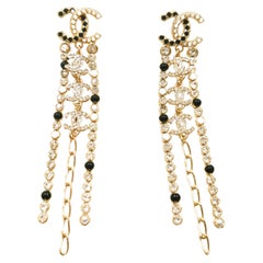 Chanel CC Light Gold Long Tassels Rhinestones Black and White Pearls Earrings 