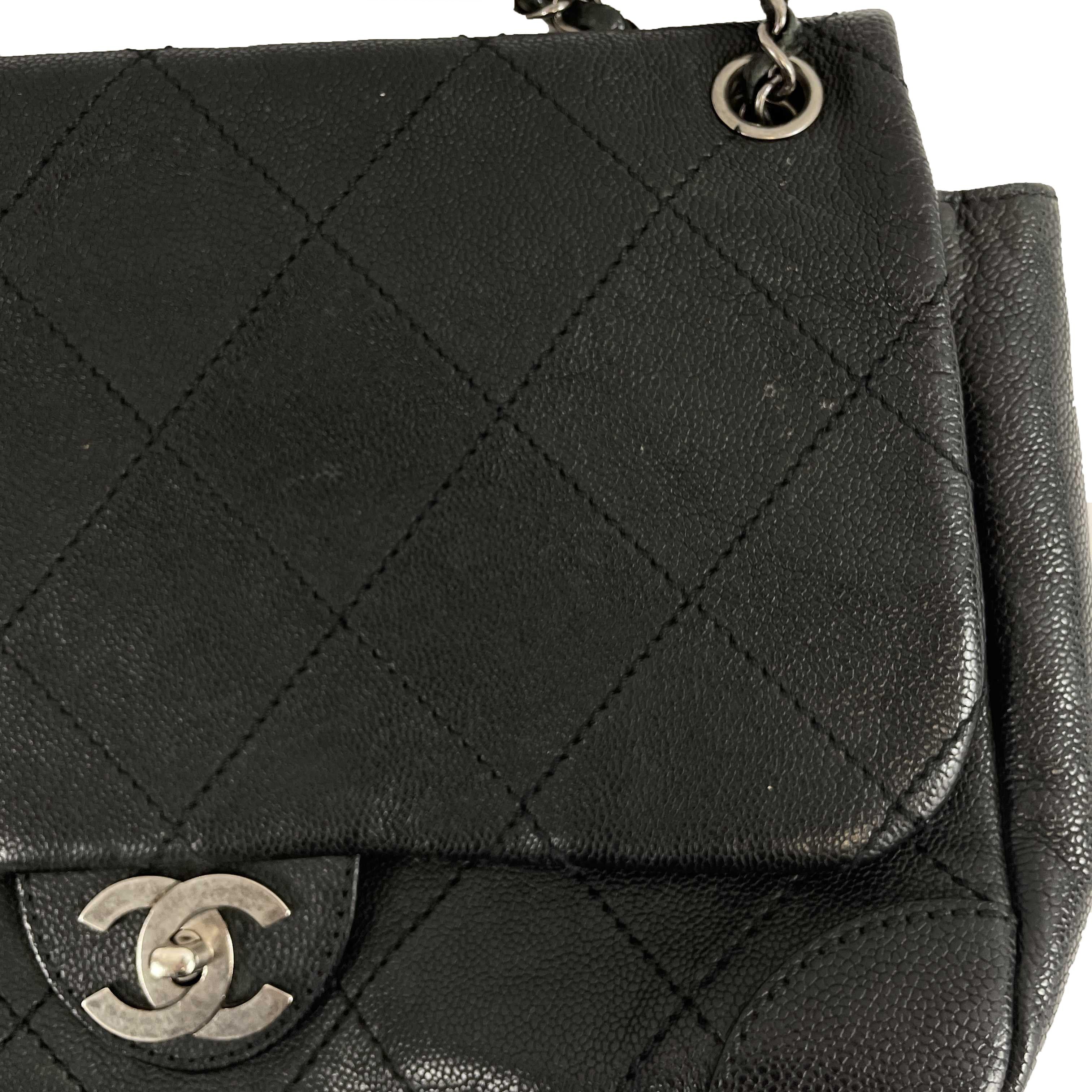 	CHANEL - CC Ligne Flap Large Bag Black / Silver Caviar Leather Shoulder Bag 10