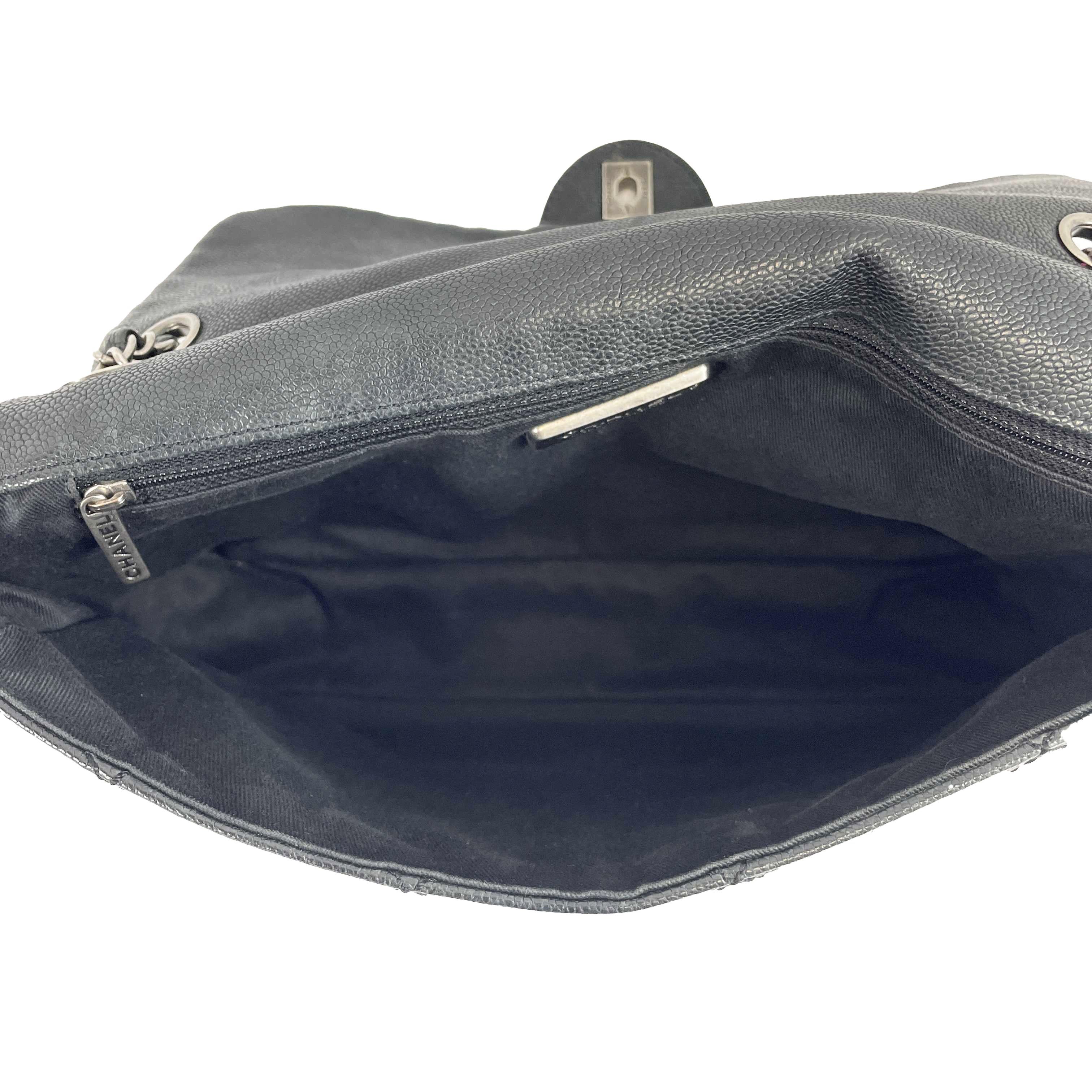 	CHANEL - CC Ligne Flap Large Bag Black / Silver Caviar Leather Shoulder Bag 11