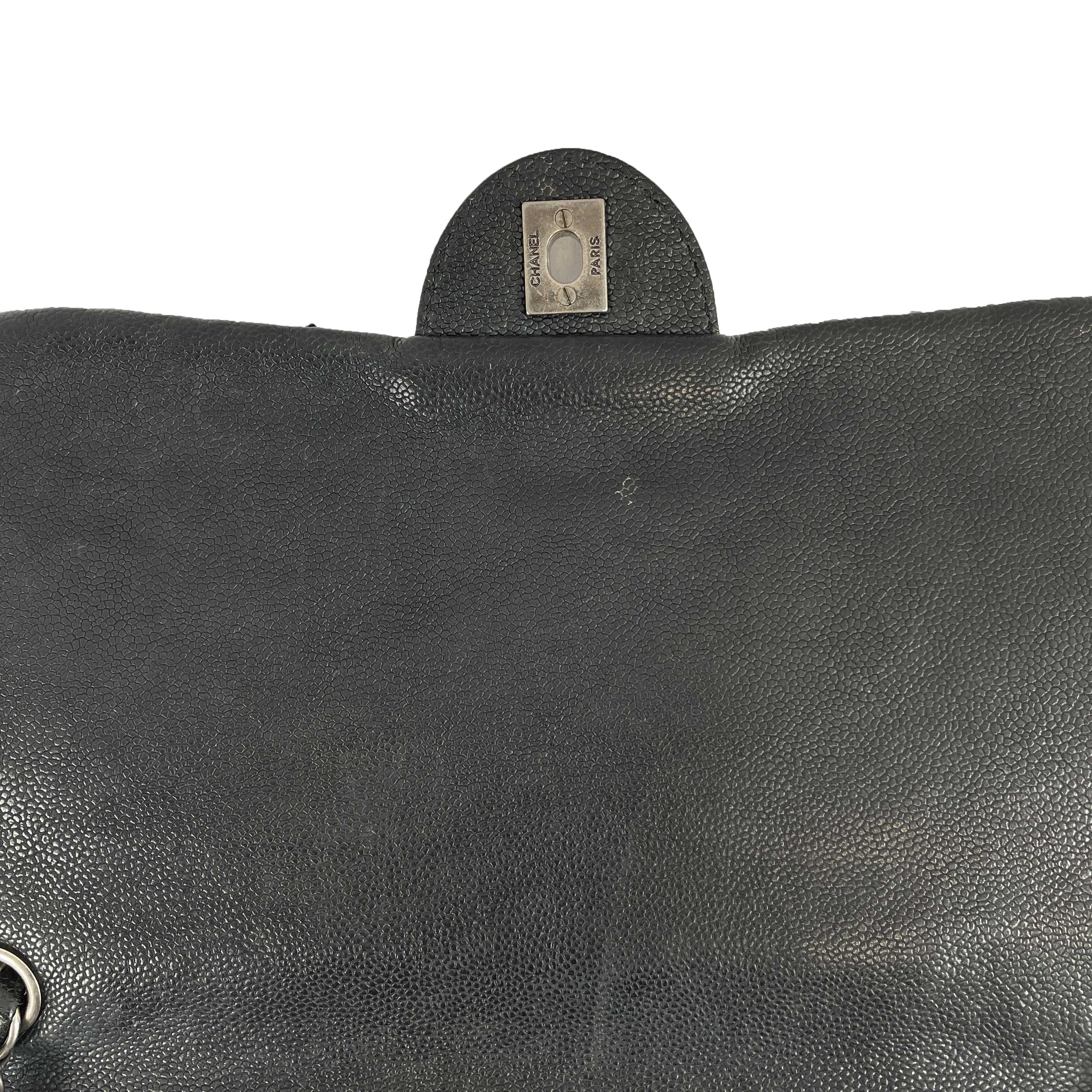 	CHANEL - CC Ligne Flap Large Bag Black / Silver Caviar Leather Shoulder Bag 12