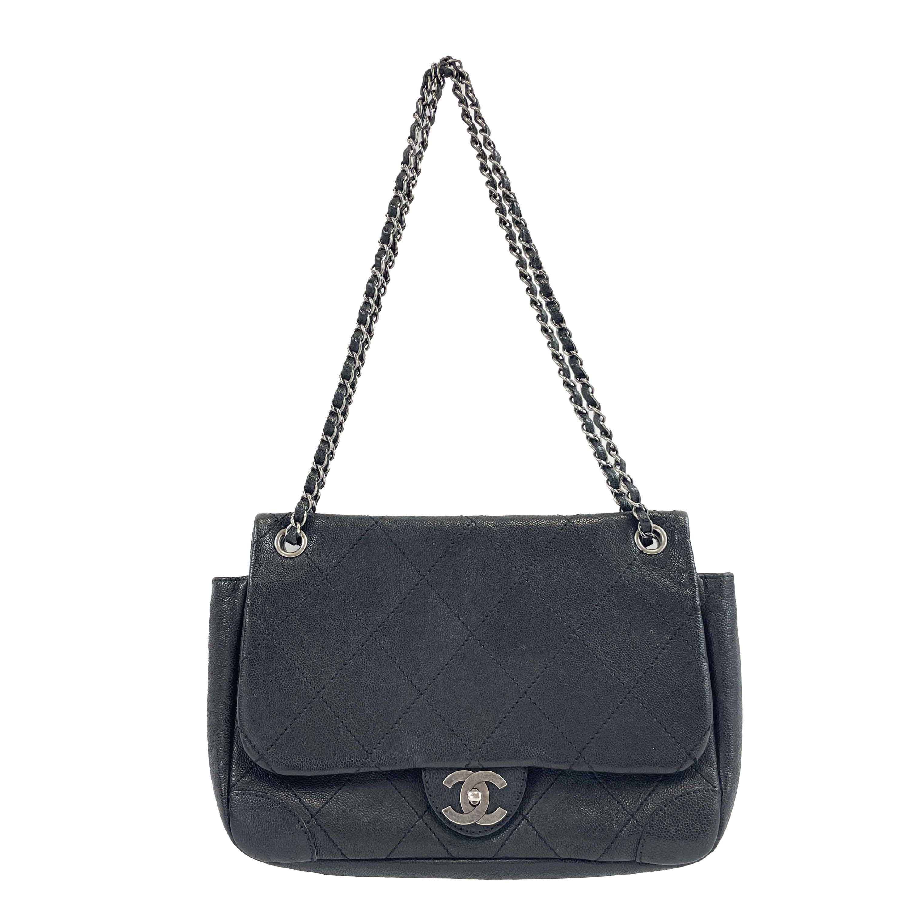 	CHANEL - CC Ligne Flap Large Bag Black / Silver Caviar Leather Shoulder Bag 13