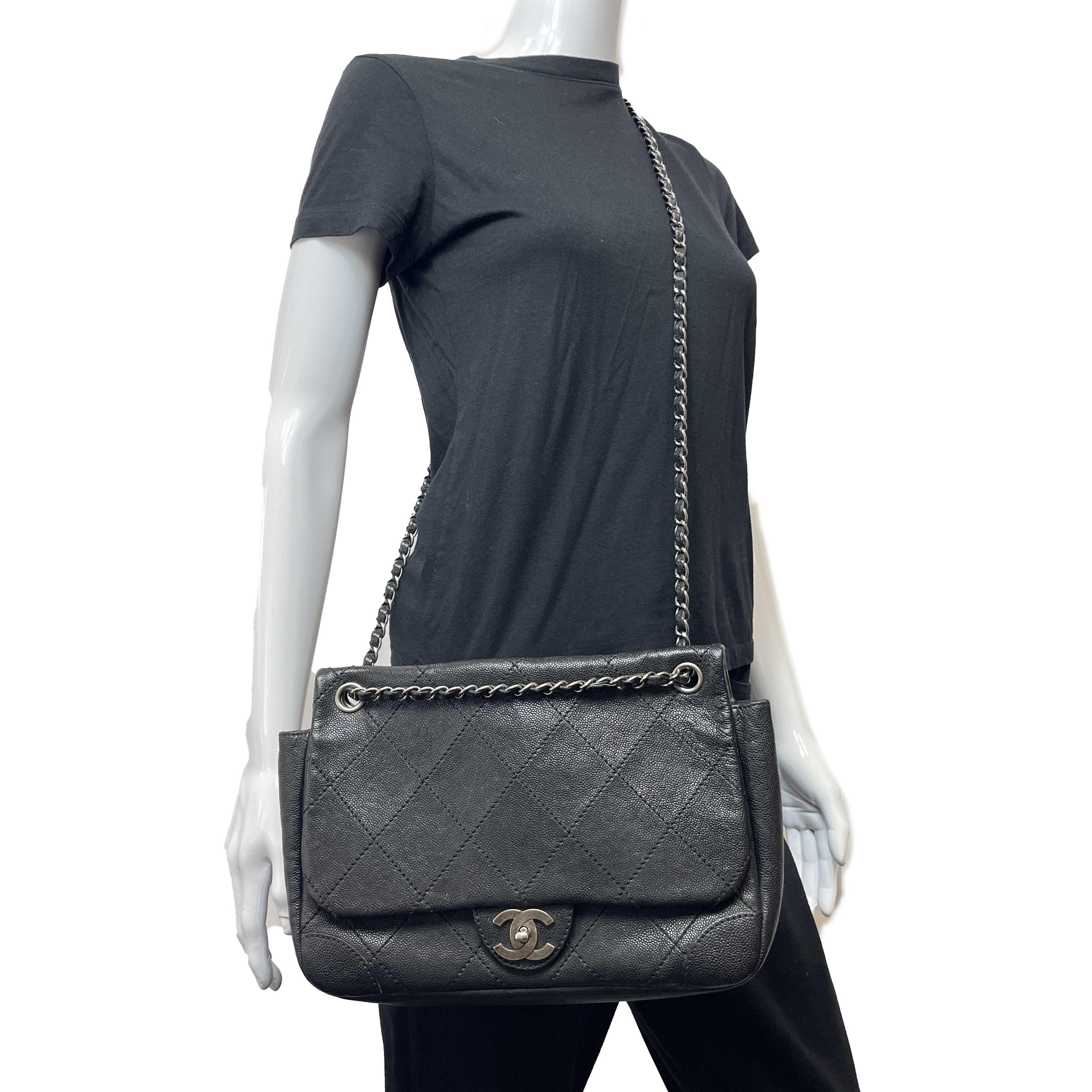 	CHANEL - CC Ligne Flap Large Bag Black / Silver Caviar Leather Shoulder Bag 15