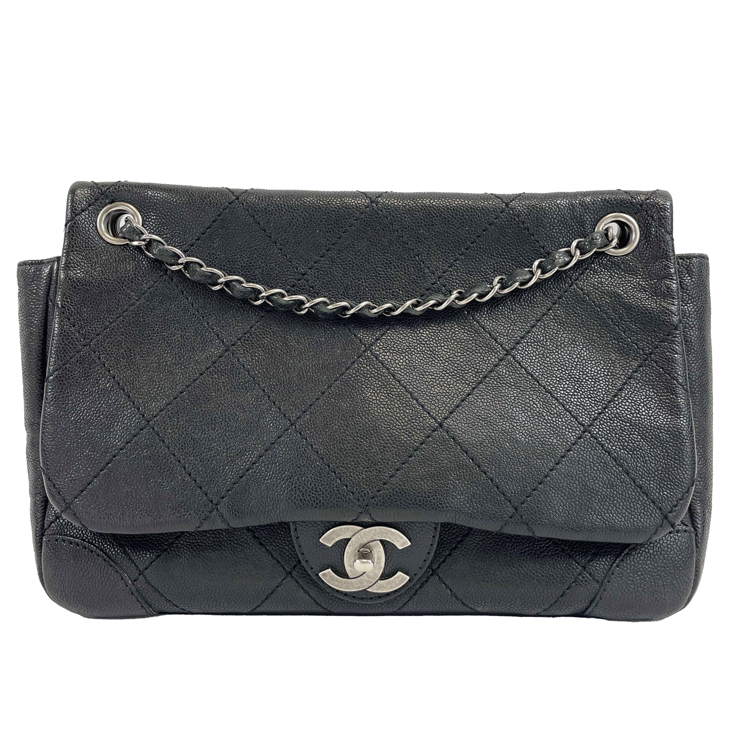 	CHANEL - CC Ligne Flap Large Bag Black / Silver Caviar Leather Shoulder Bag 16