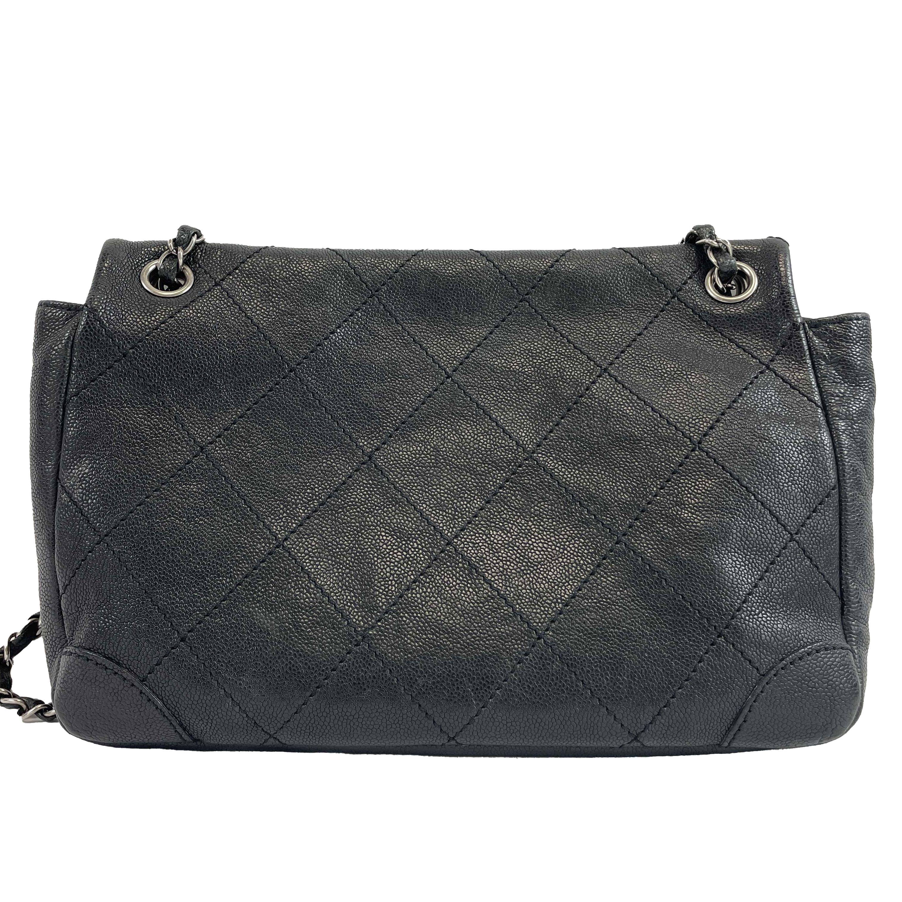 Women's or Men's 	CHANEL - CC Ligne Flap Large Bag Black / Silver Caviar Leather Shoulder Bag