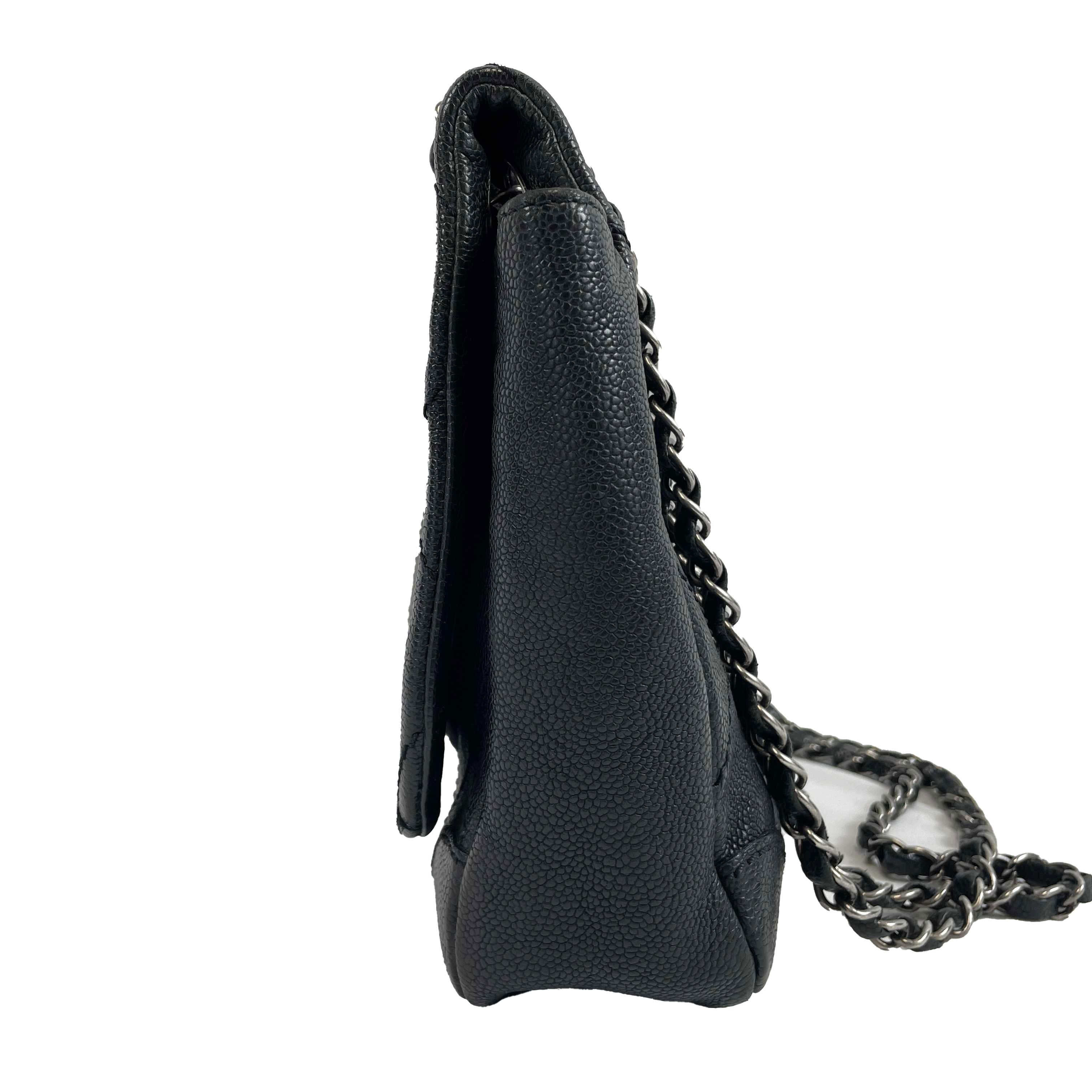 	CHANEL - CC Ligne Flap Large Bag Black / Silver Caviar Leather Shoulder Bag 1