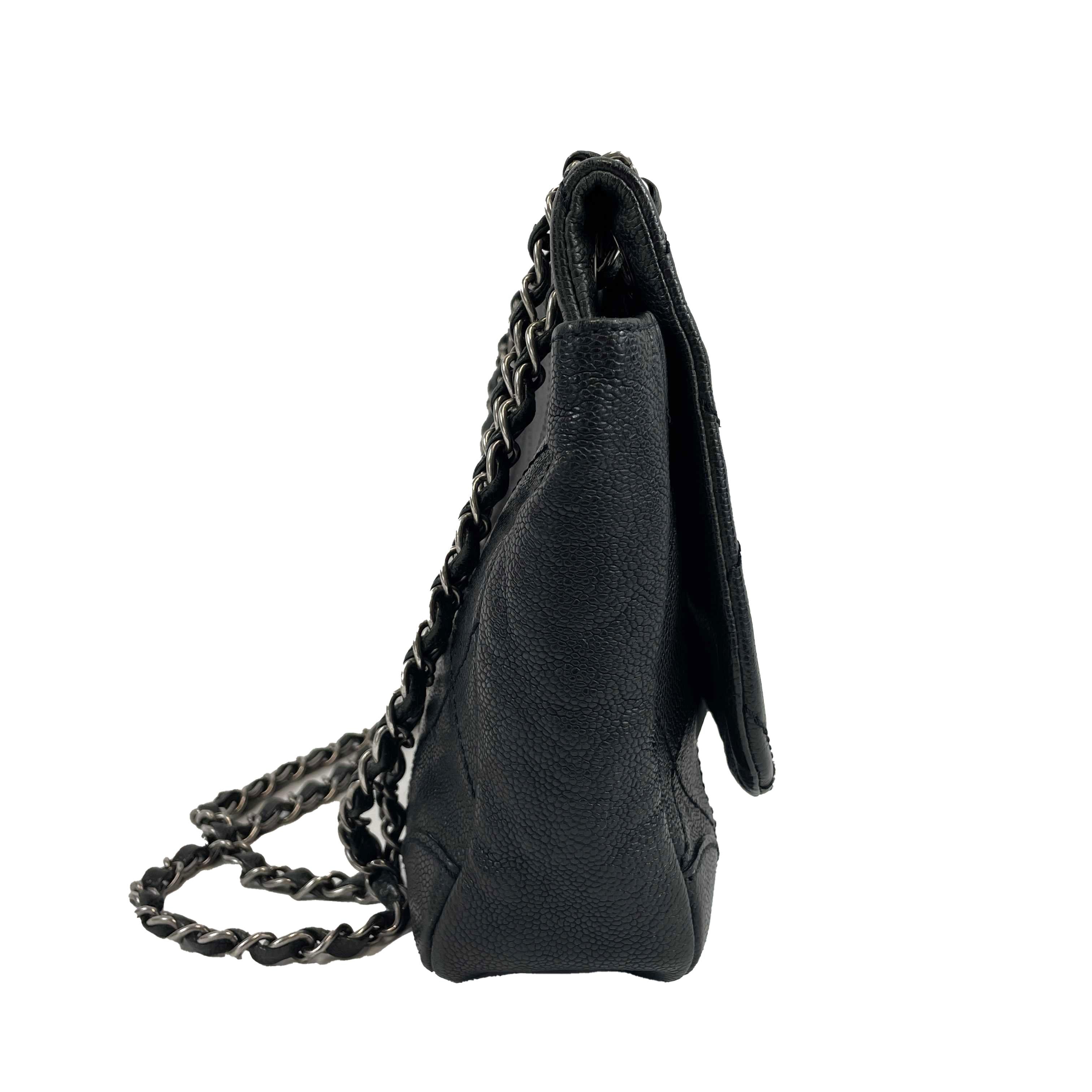 	CHANEL - CC Ligne Flap Large Bag Black / Silver Caviar Leather Shoulder Bag 2