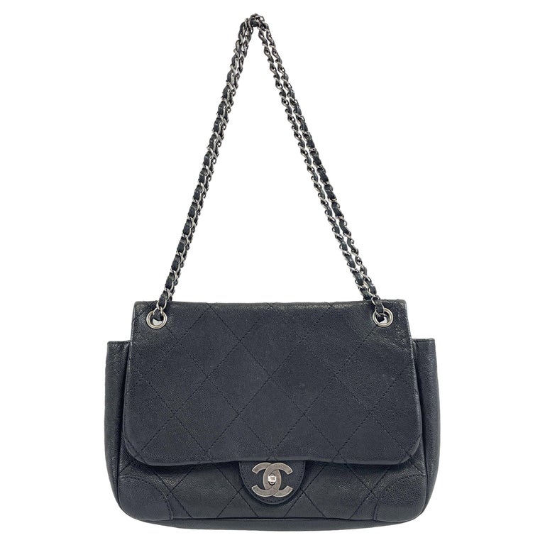 CHANEL - CC Ligne Flap Large Bag Black / Silver Caviar Leather Shoulder Bag  For Sale at 1stDibs