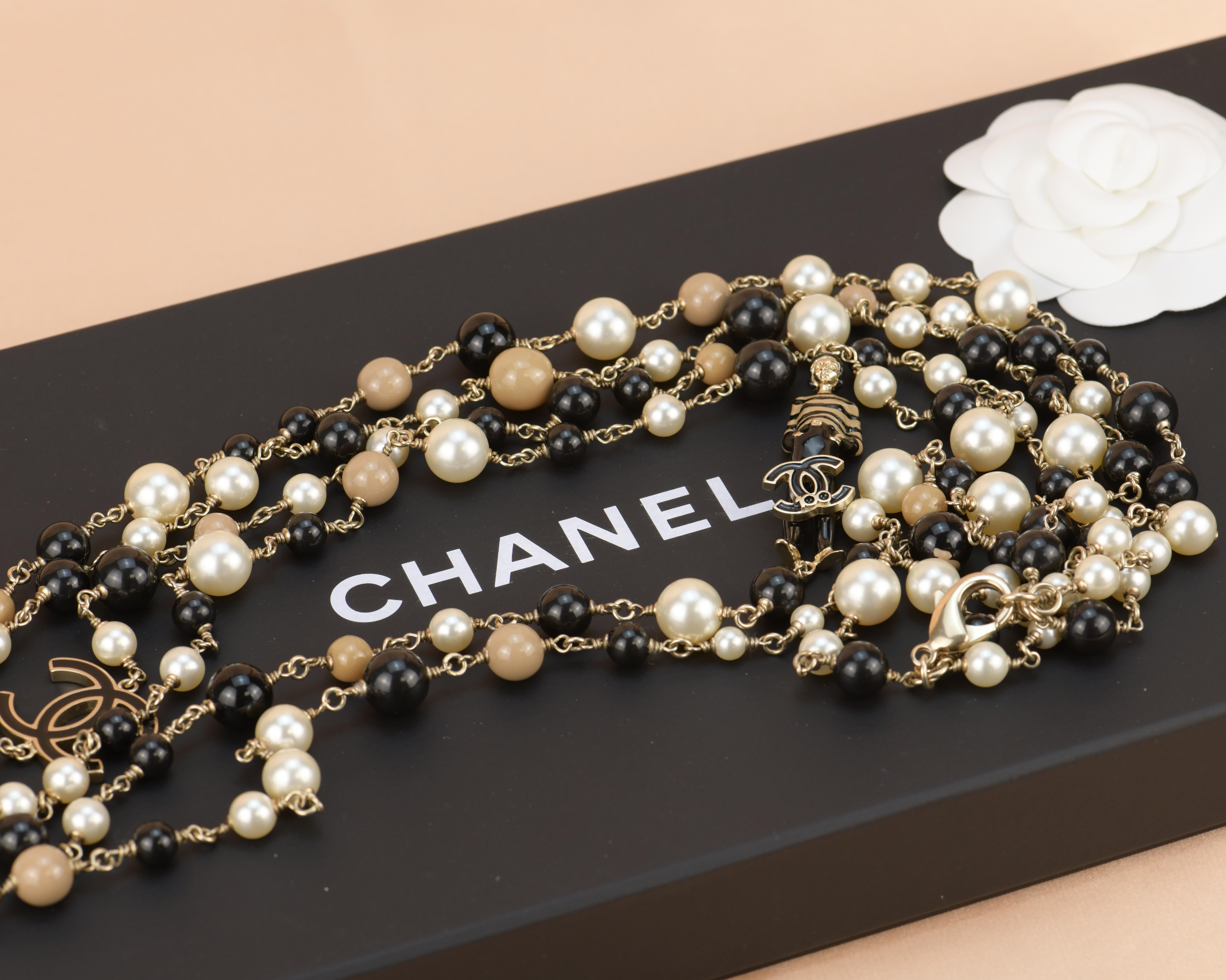 Bead Chanel CC Limited Edition Enamel Coco Mademoiselle Three Strand Pearl Necklace