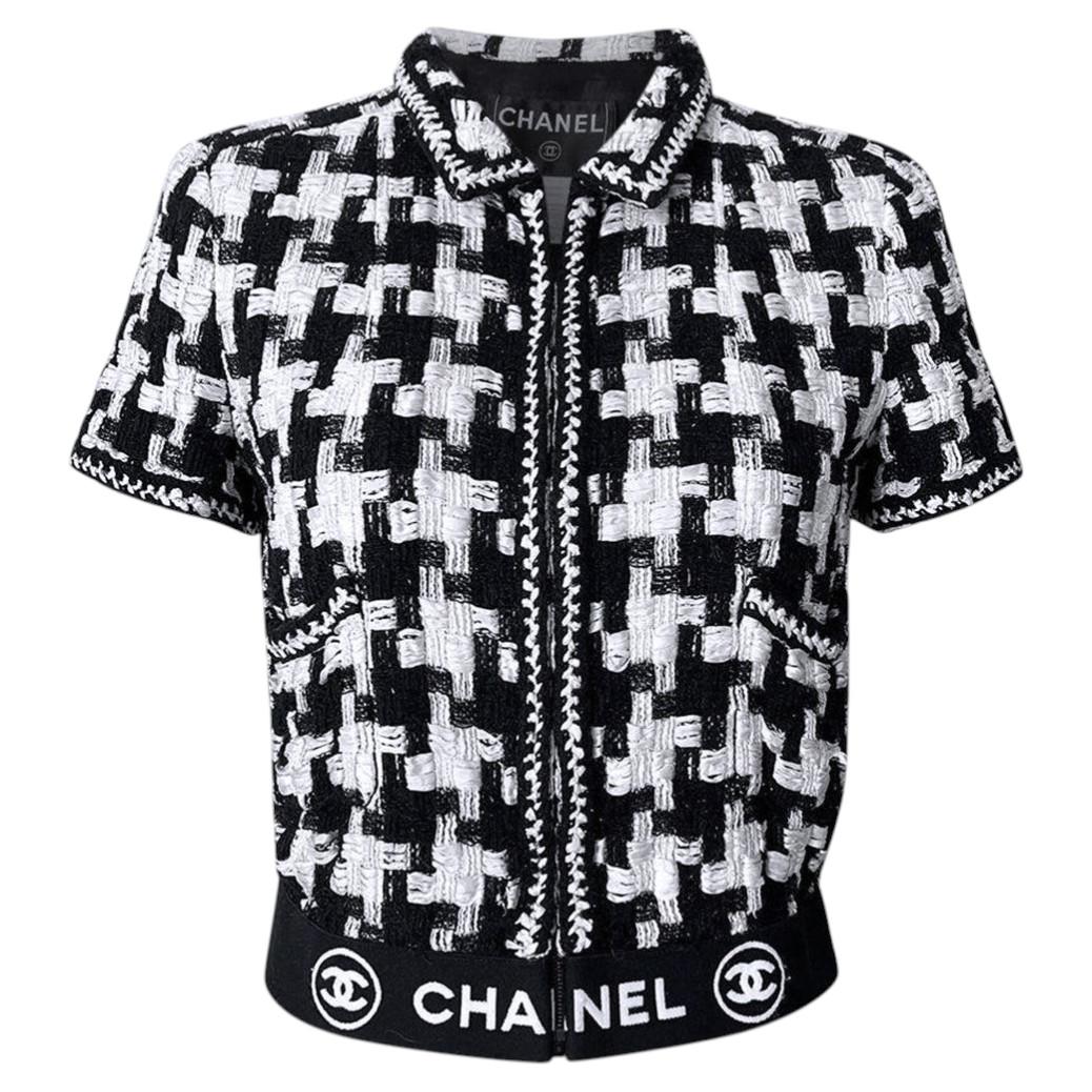 CHANEL CC-Logo-Streifen – SELTENE Tweedjacke mit schwarzem Band, Größe 38 FR