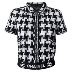 CHANEL CC-Logo-Streifen – SELTENE Tweedjacke mit schwarzem Band, Größe 38 FR