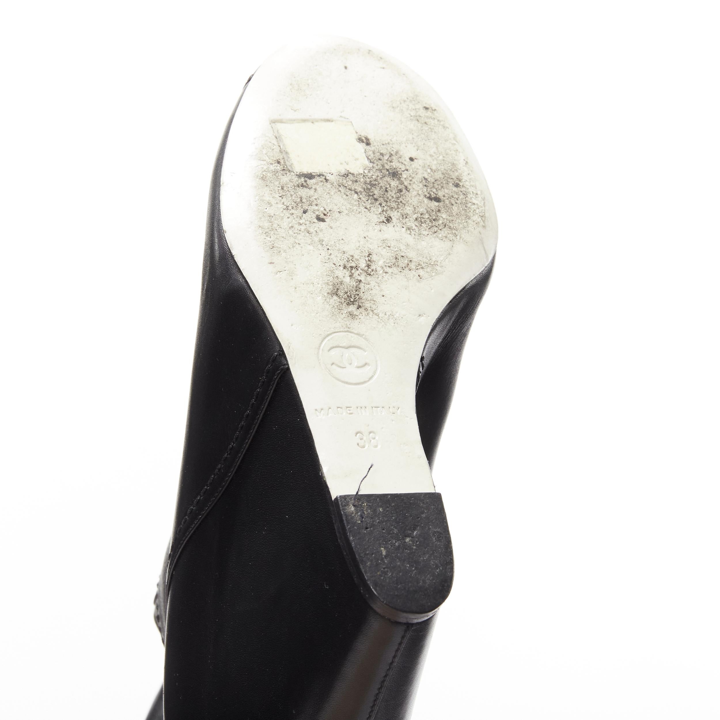 CHANEL CC logo bead embellishment black leather wedge heeled boots EU38 For Sale 5