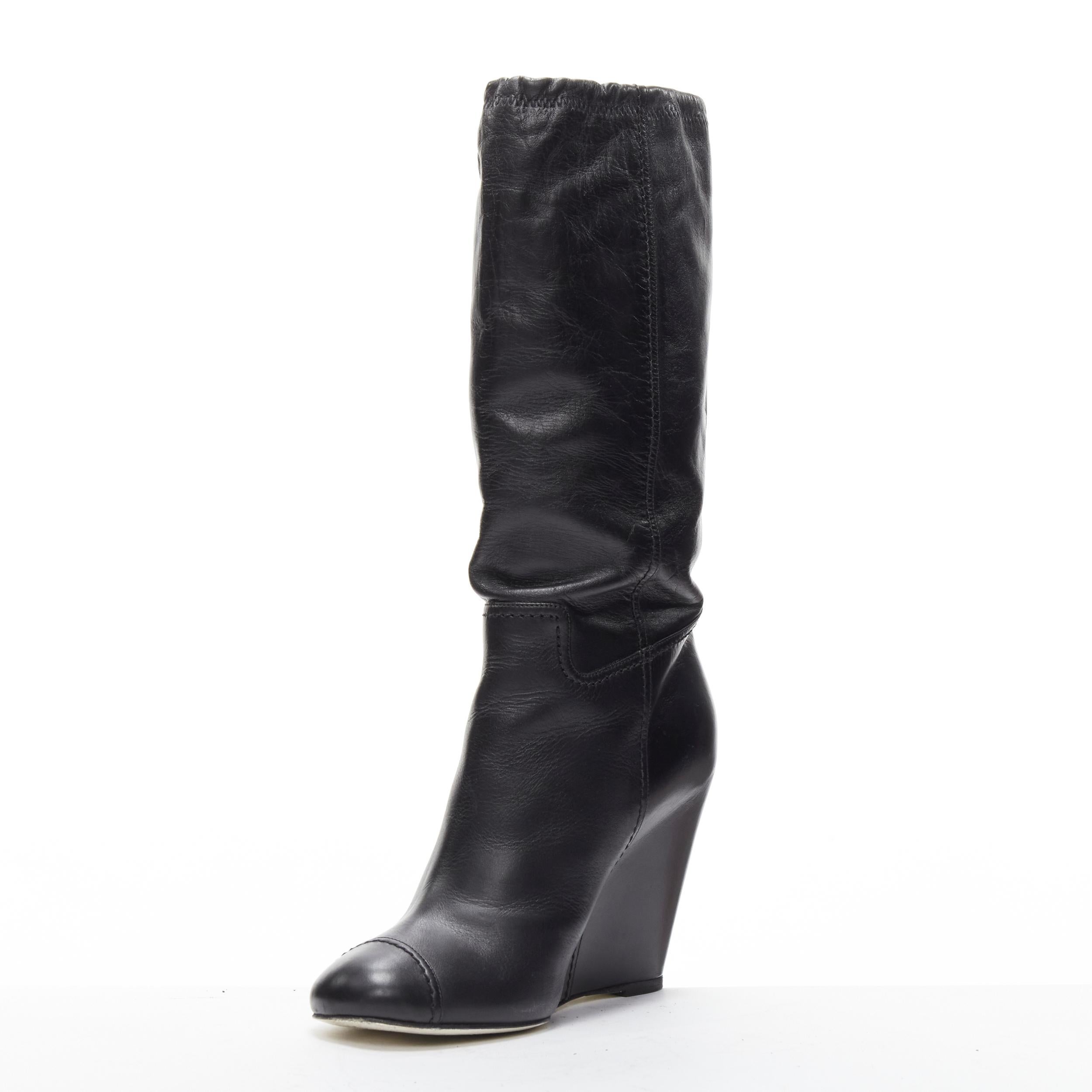 Women's CHANEL CC logo bead embellishment black leather wedge heeled boots EU38 For Sale