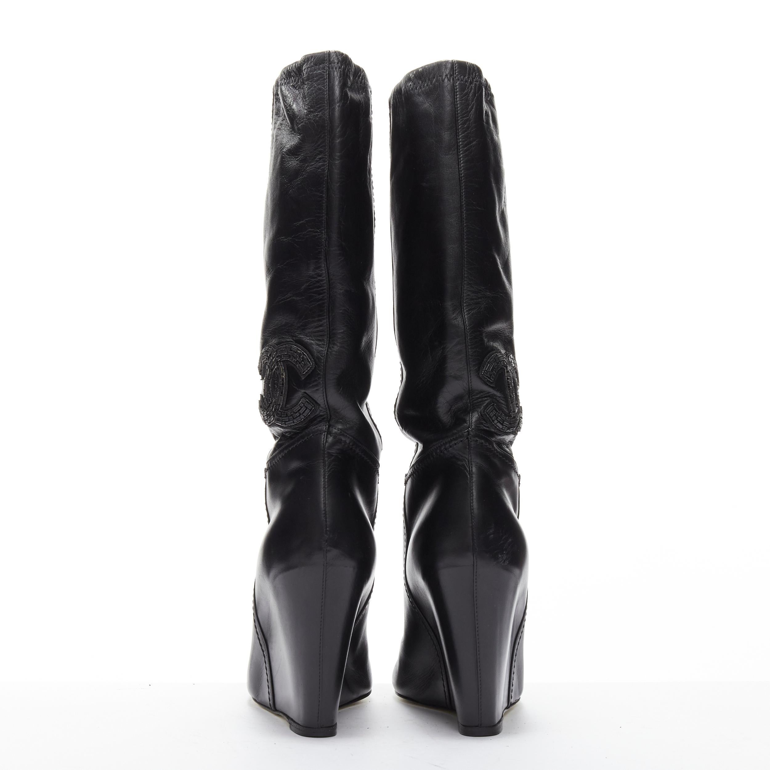 CHANEL CC logo bead embellishment black leather wedge heeled boots EU38 For Sale 1