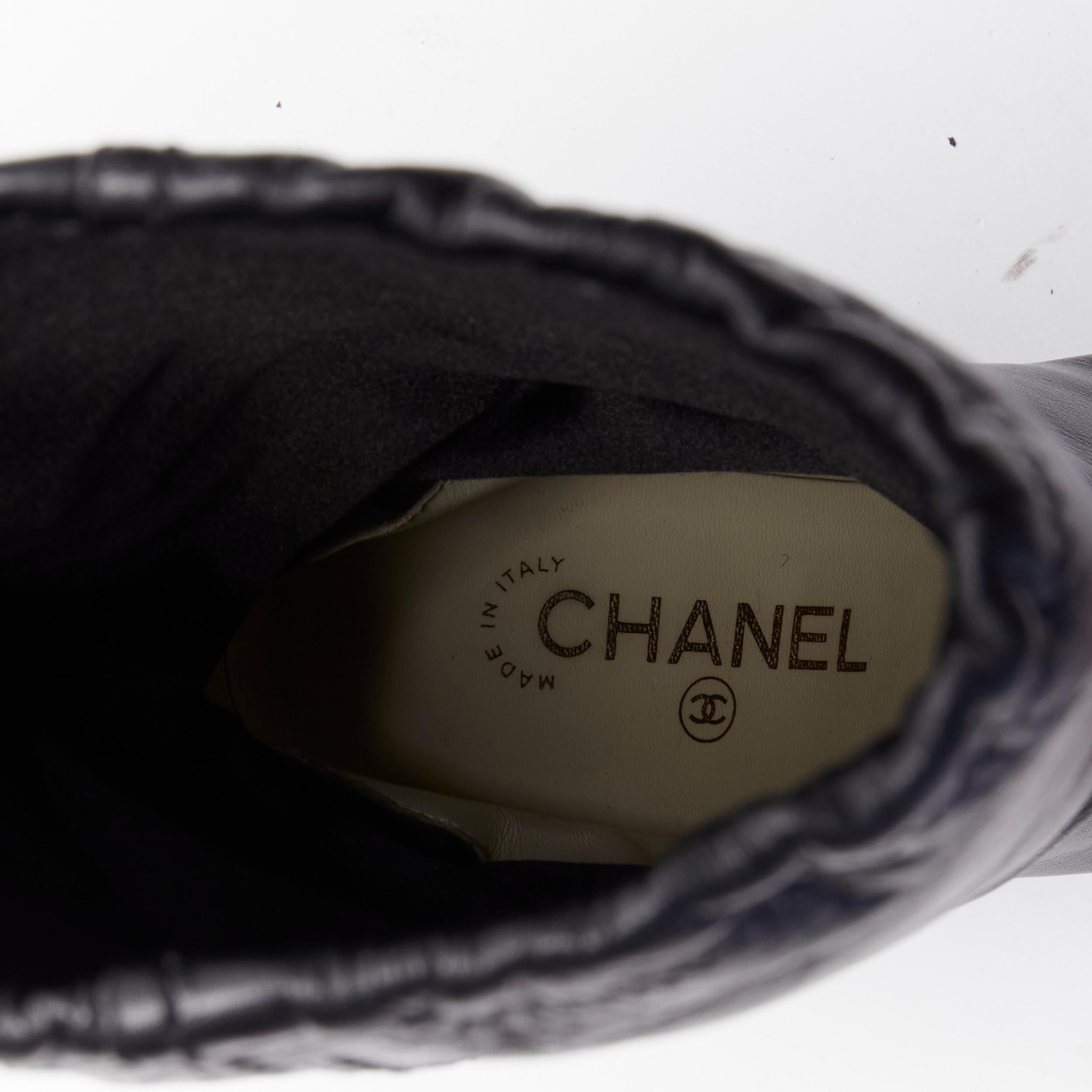 CHANEL CC logo bead embellishment black leather wedge heeled boots EU38 For Sale 4