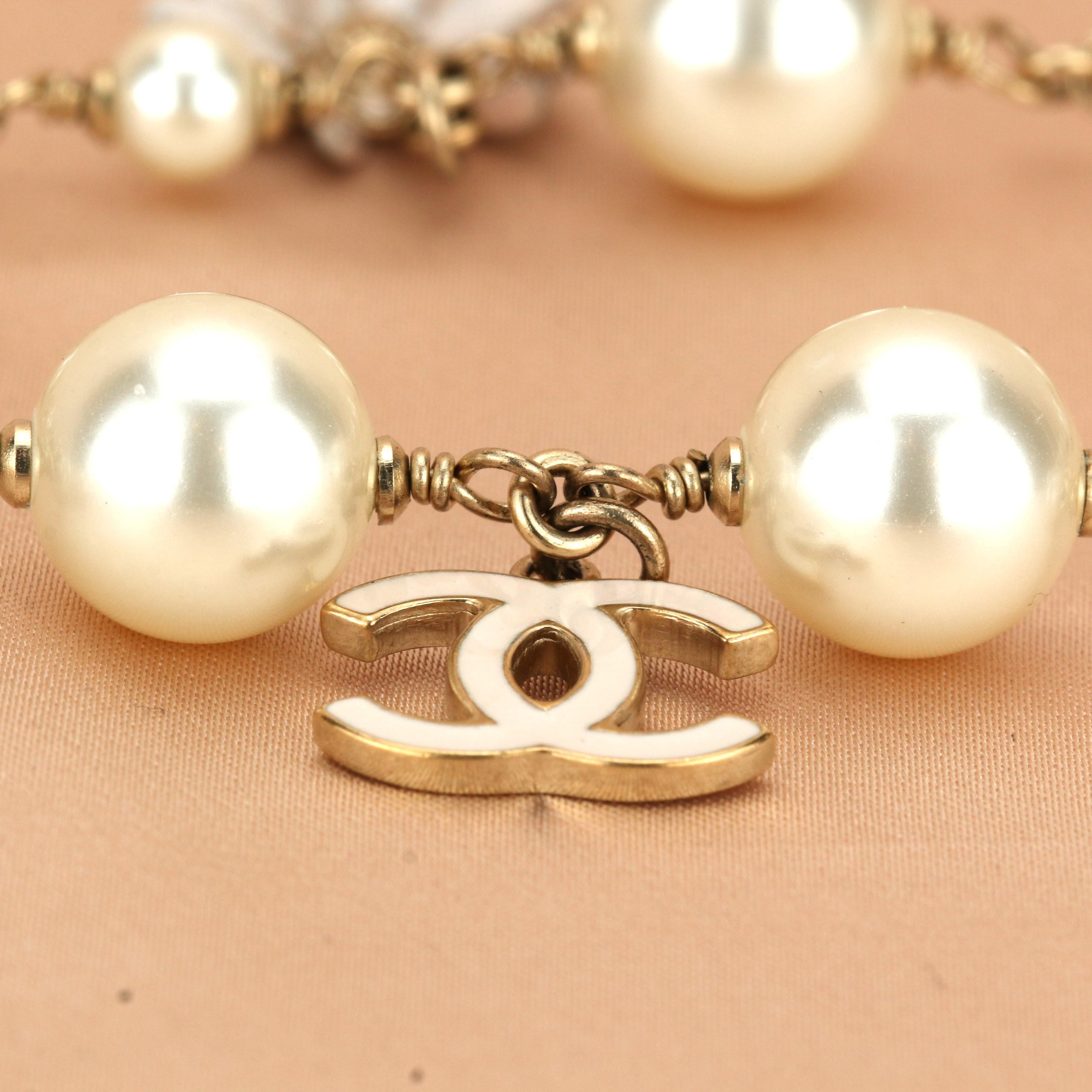 Chanel CC Logo Pearl & Enamel Flower Long Pearl Necklace in Gilt Gold 1
