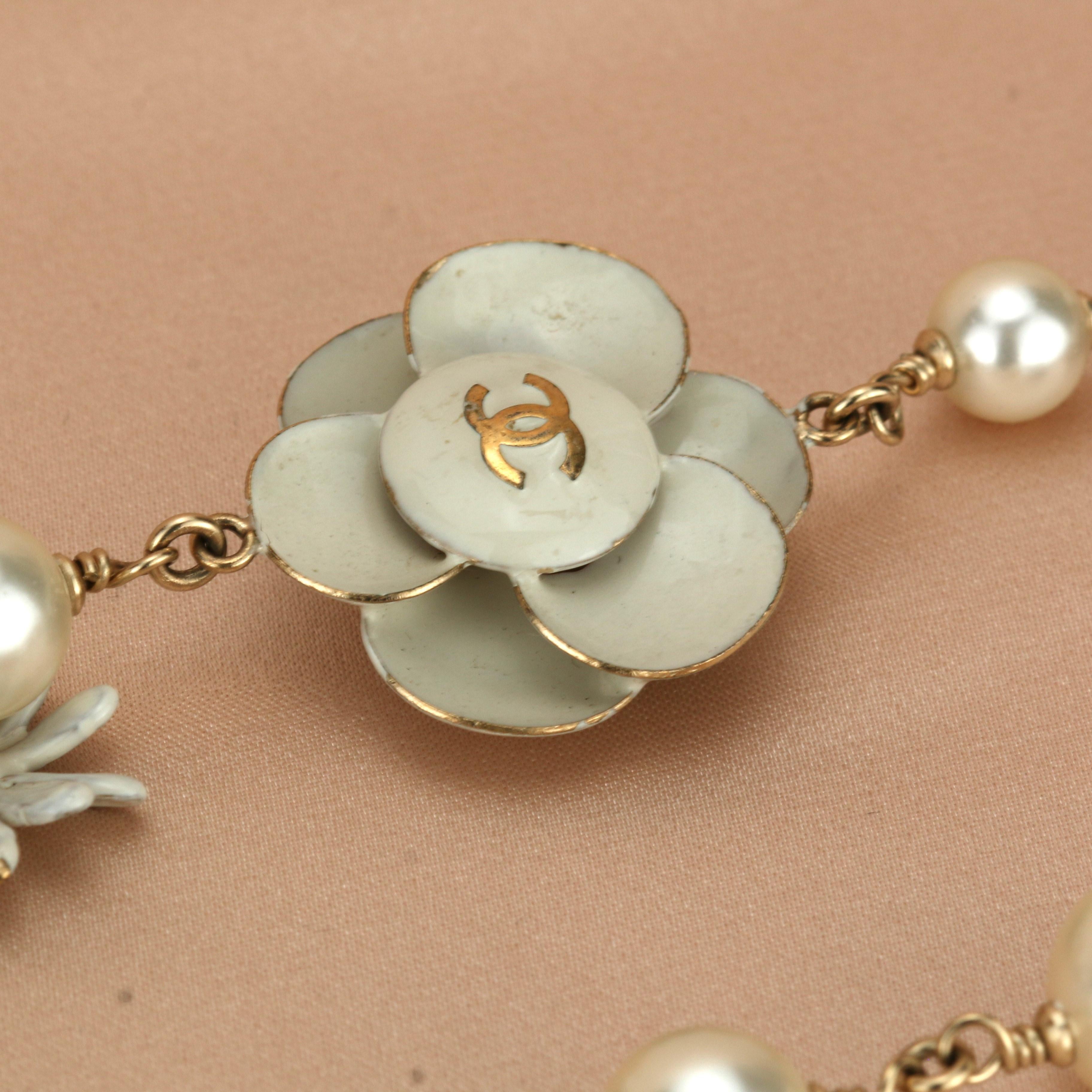 Chanel CC Logo Pearl & Enamel Flower Long Pearl Necklace in Gilt Gold 2