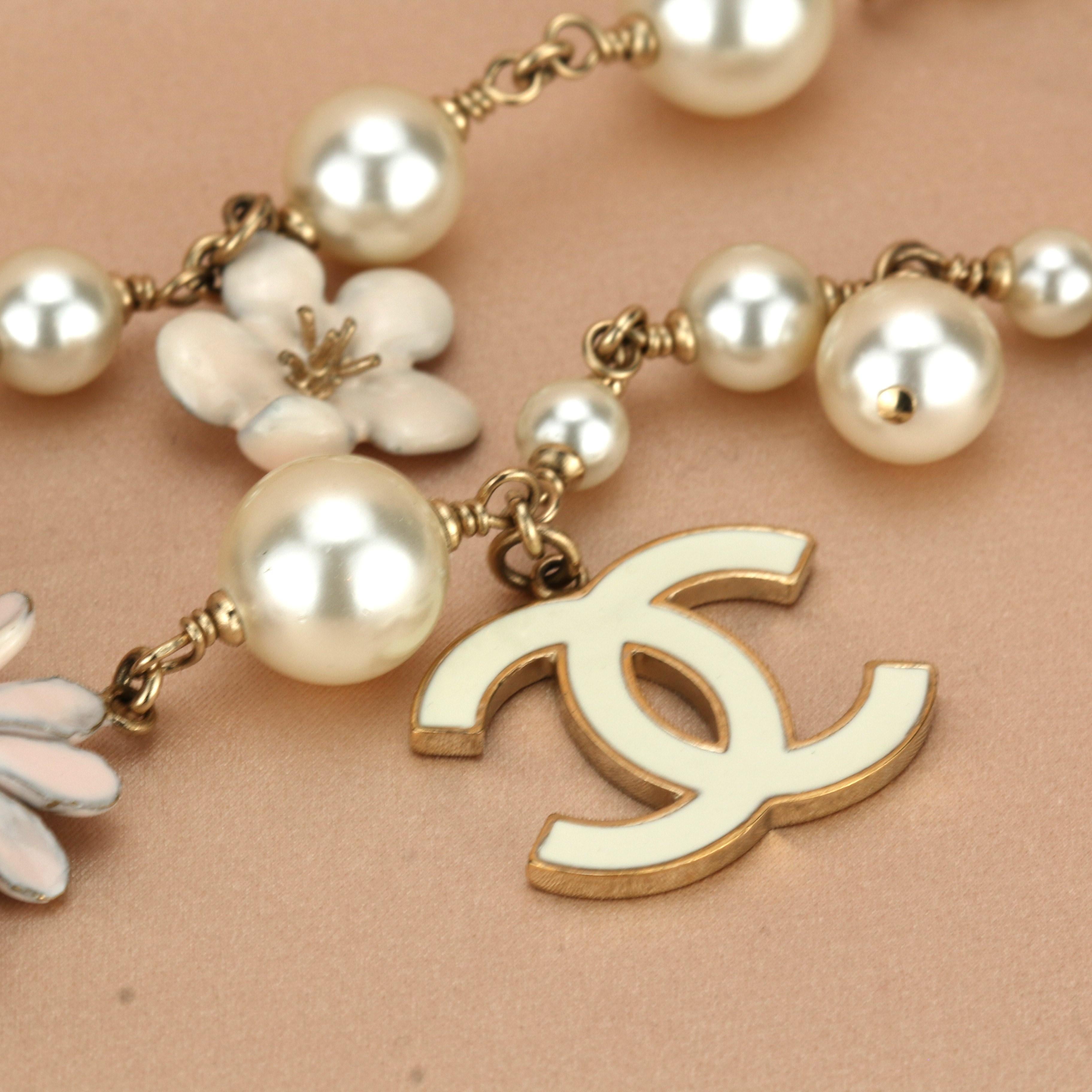 Chanel CC Logo Pearl & Enamel Flower Long Pearl Necklace in Gilt Gold 3