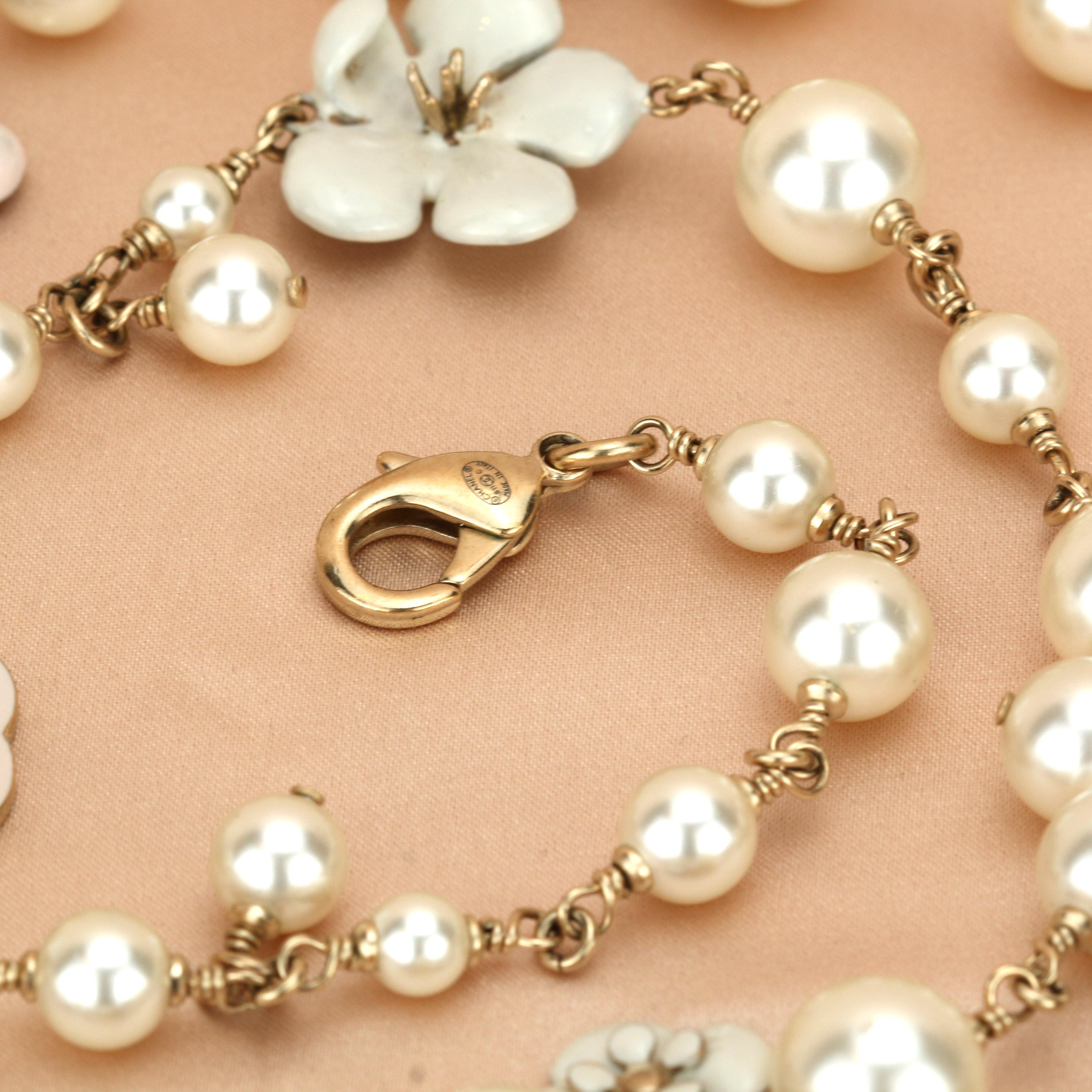Chanel CC Logo Pearl & Enamel Flower Long Pearl Necklace in Gilt Gold 4