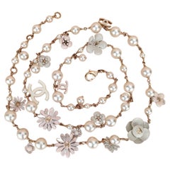Chanel CC Logo Pearl & Enamel Flower Long Pearl Necklace in Gilt Gold