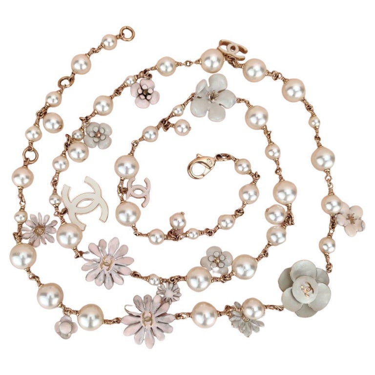 Chanel CC Logo Pearl and Enamel Flower Long Pearl Necklace in Gilt Gold