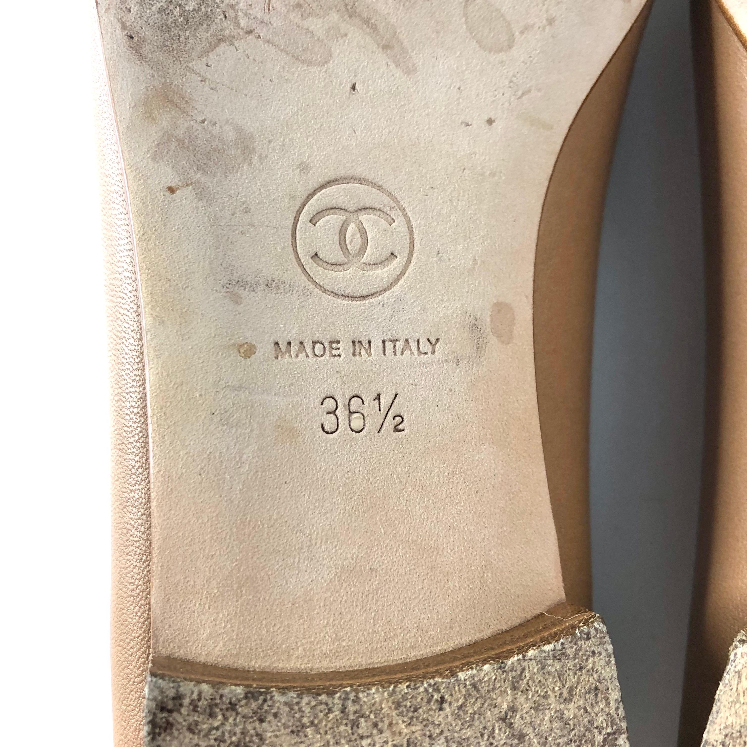 Chanel CC Logo Beige Black Leather Bow Embellished Ballet Flats 36.5 2