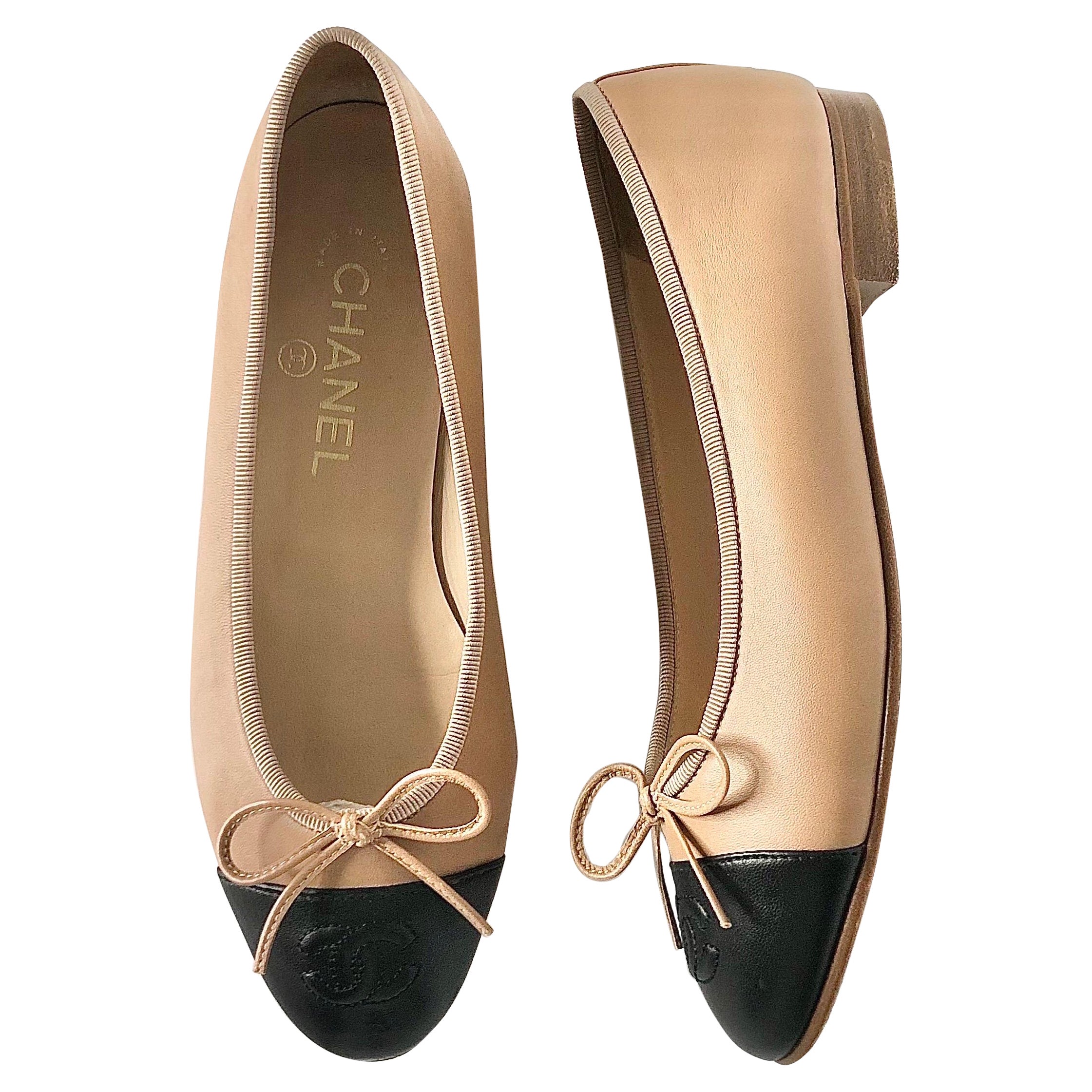 Chanel CC Logo Beige Black Leather Bow Embellished Ballet Flats 36.5