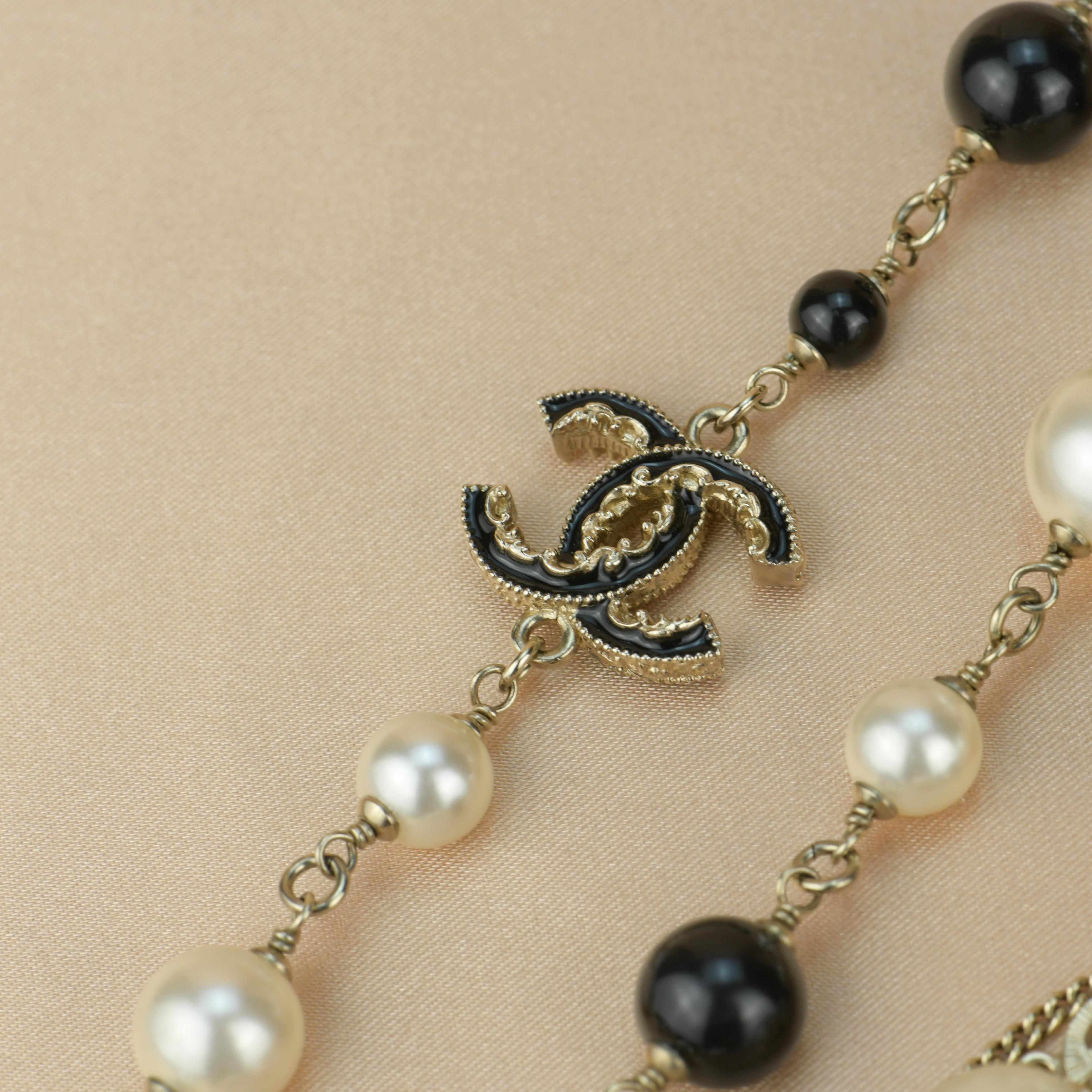 Chanel CC Logo Black Enamel Long Pearl Necklace 2